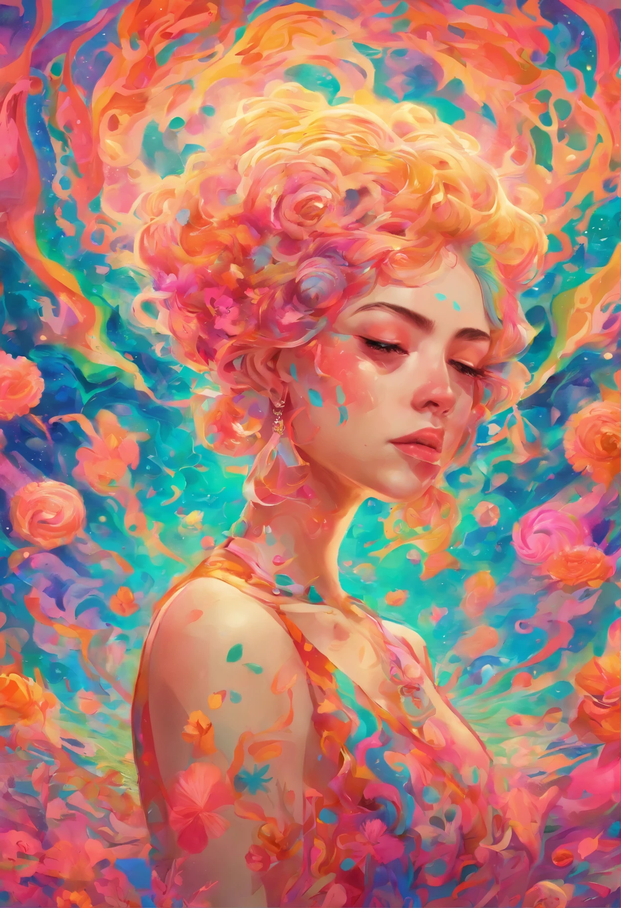 ((top-quality, 8K)), (Realistic), (Face Focus: 1.1), (blanche: 1.3), 18year old、Kawaii Girl, hijabi, cleavage, Facing to the side, Look up at your face, Eyes closed, (Sleeveless: 1.1)、Skirt, D Cup Breasts,Countless petals are falling