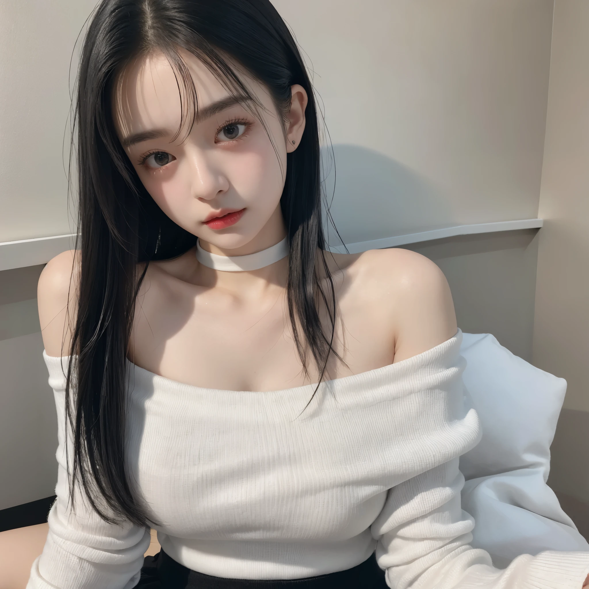 highest quality、ultra high resolution、(photorealistic:1.4)、1girl、off shoulder white shirt、black tight skirt、black choker、(faded gray hair:1)、(big breasts:1.2)、look at viewer、Close-up、