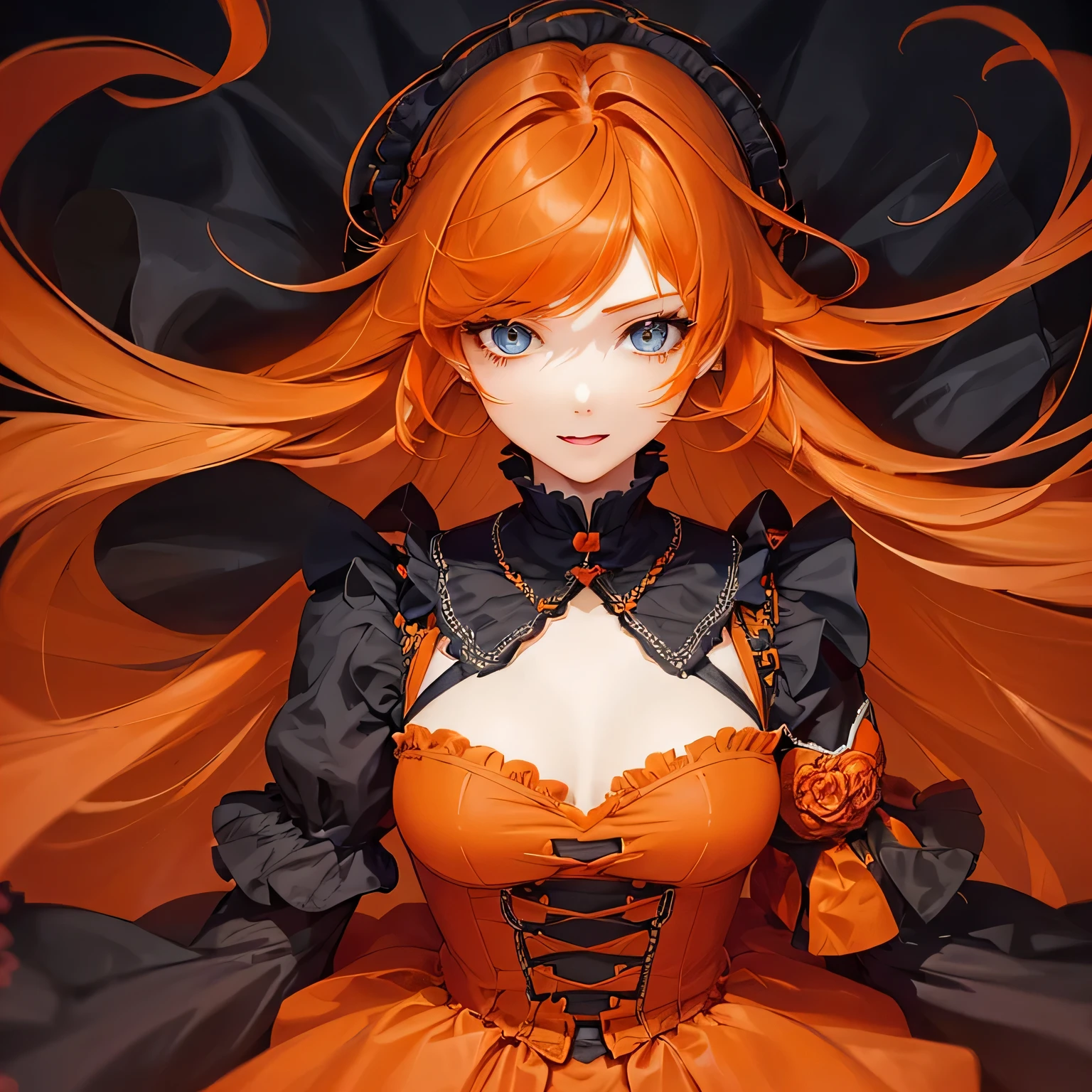 1 girl,Depp's Sense,confused,catch light,Super beautiful illustration,(orange hair,long hairstyles:1.6),turn around,eye shadow,(Red clothes,Gothic Lolita),Upper body,;d,beautiful and delicate flowing hair,delicate and detailed blue eyes,emphasized chest