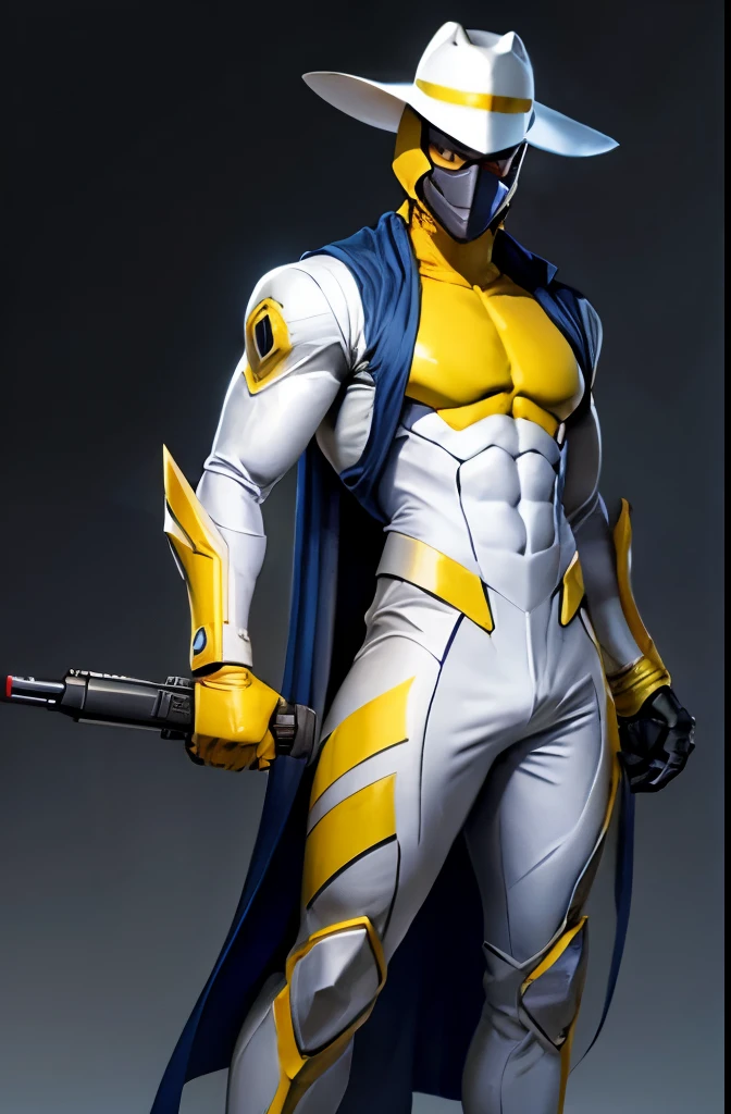 Supervillian, elegant suit, happy face yellow mask, hat, armory background, guns everywhere, illuminated, white light, full body, weapons, futuristic gun