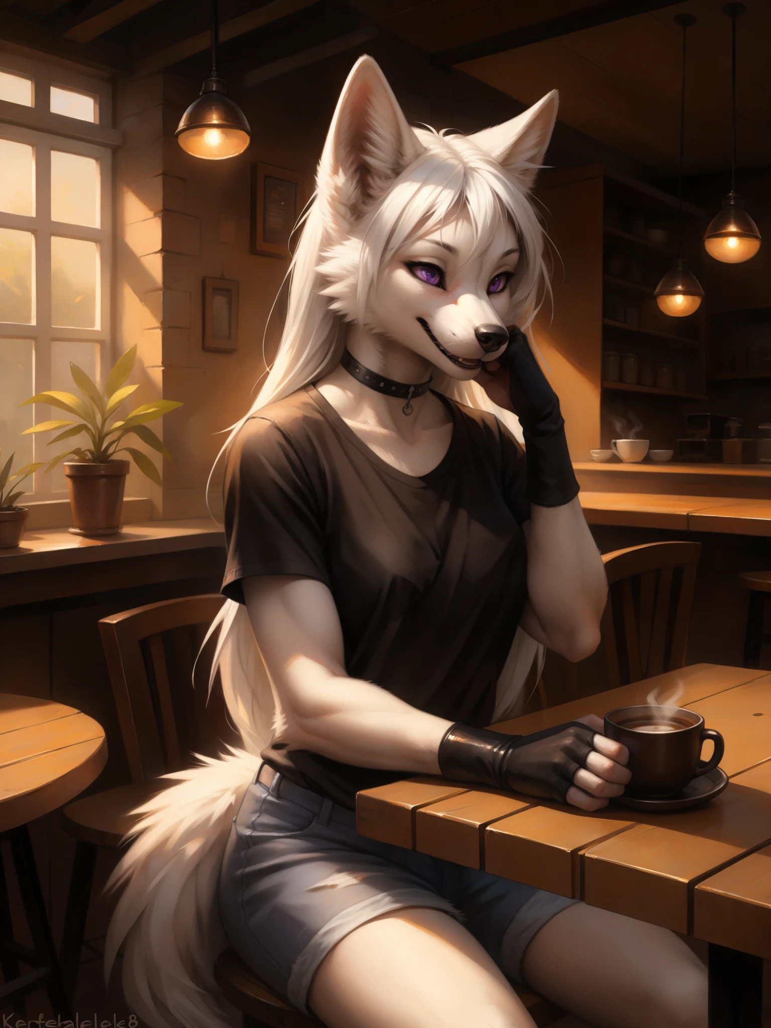by kenket, by totesfleisch8, (by thebigslick, by silverfox5213:0.8), (by syuro:0.2), an all white wolf, female, purple eyes, white wolf ears, long white hair, long white bangs, hair parted in the middle, cute snout, black nose, wolf tail, wearing black t shirt, black arm warmers, fingerless black gloves, jean shorts, lifting shirt, medium breasts, nipples, indoors, in a cafe, front view, bending over, grinning, pov, a single cup of coffee on table, on table, on knees,