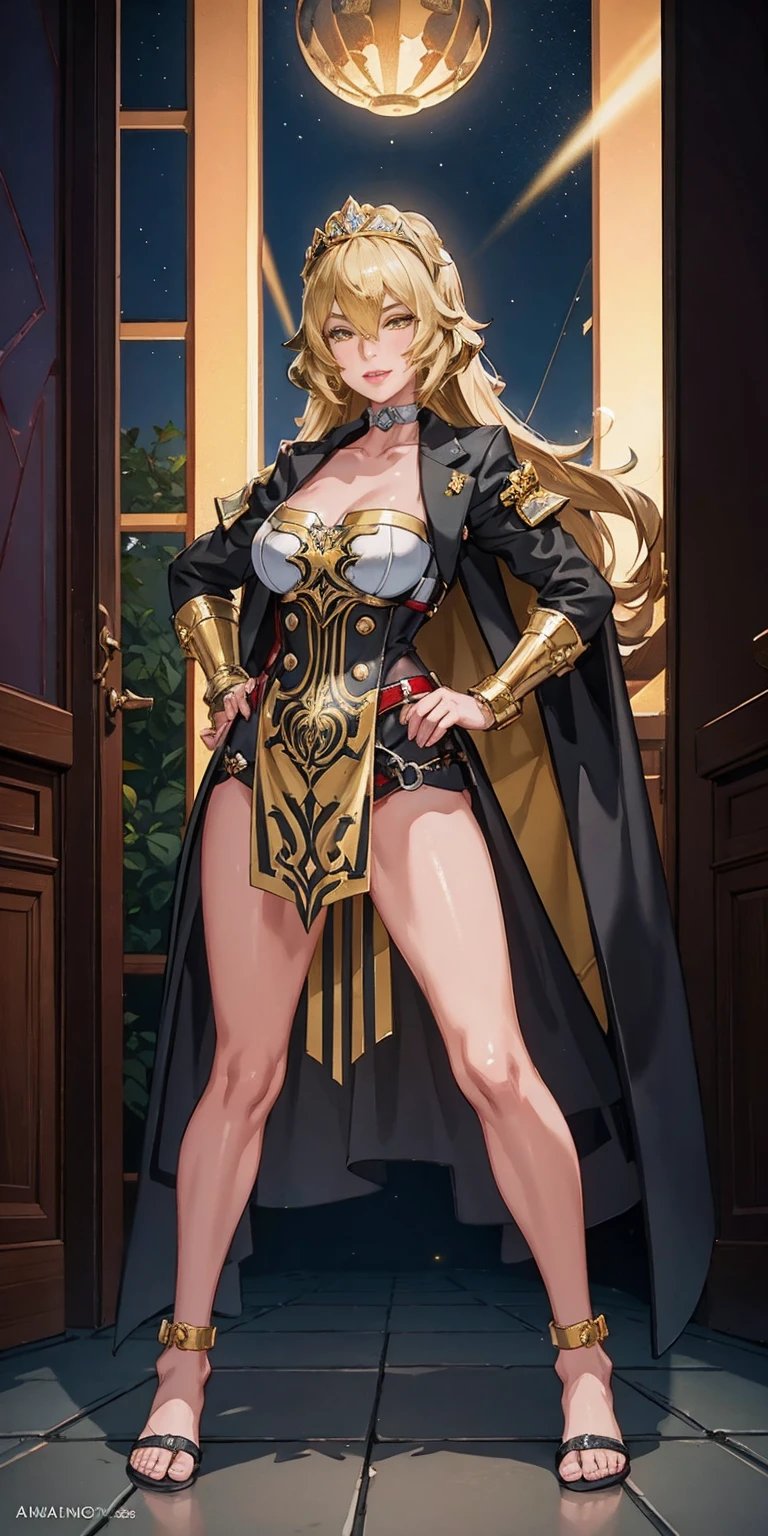 paladin lady in ornate golden armor, black collar, pauldrons, breastplate, corset, glowing halo, single braid, blonde, yellow glowing eyes, bright pupils, eye focus, red cape, temple indoors, stained glass windows, night, moonlight, particles, light beam, chromatic aberration, (full body, whole body. 1solo (girl). slave fighter, loincloth standing, hands on hips full body, whole body. 1solo (girl). slave fighter, loincloth standing, hands on hips, metal sandals, backpack, choker, big belt, view from below, feet together, bracers, tiara)
