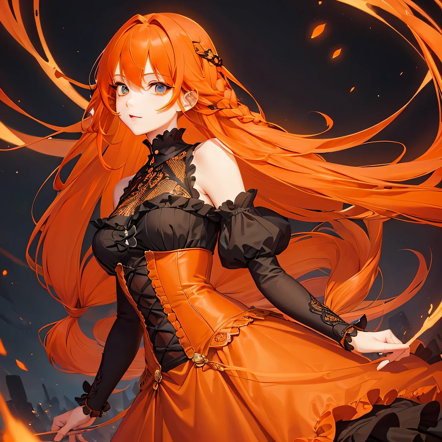 1 girl,Depp's Sense,confused,catch light,Super beautiful illustration,(orange hair,long hairstyles:1.6),turn around,eye shadow,(Red clothes,Gothic Lolita),Upper body,;d,beautiful and delicate flowing hair,delicate and detailed blue eyes,emphasized chest