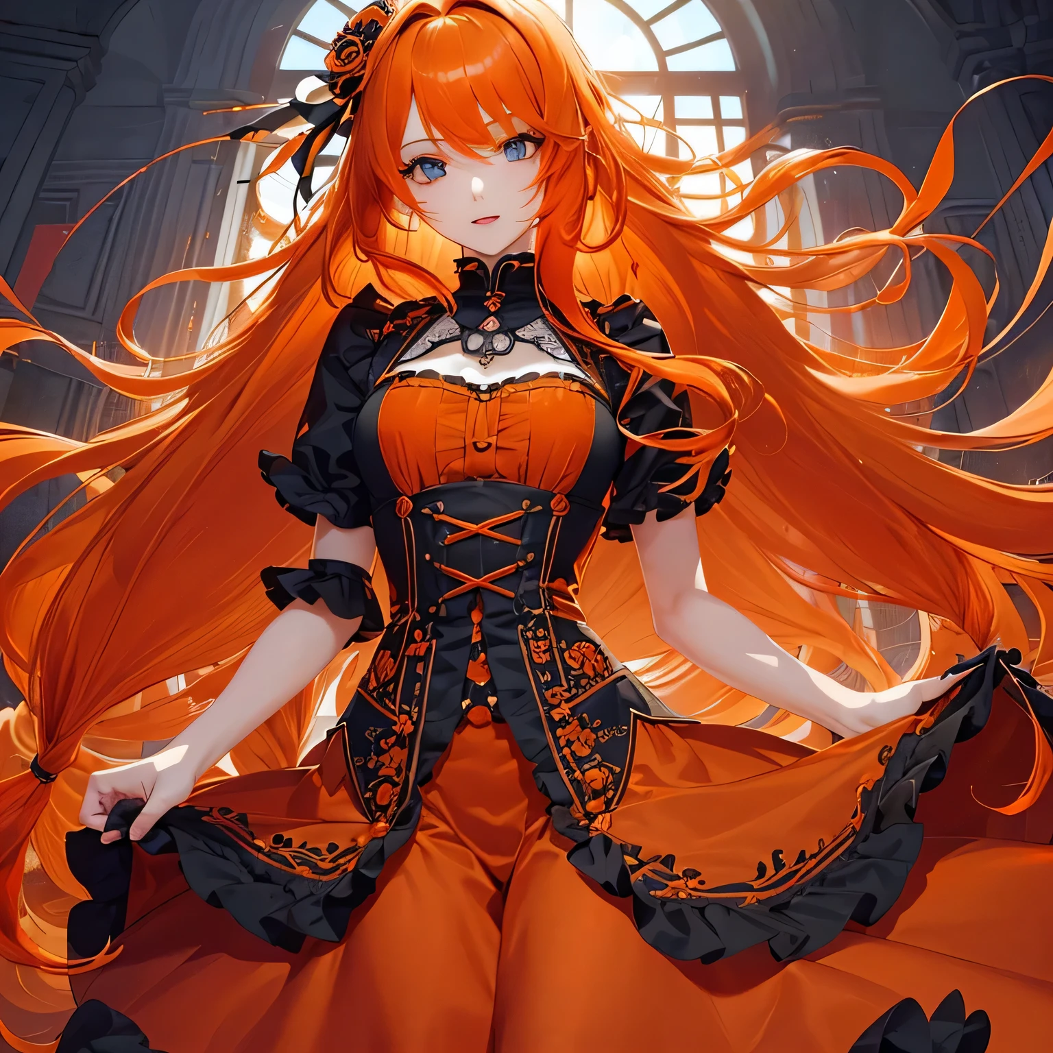 1 girl,Depp's Sense,confused,catch light,Super beautiful illustration,(orange hair,long hairstyles:1.6),turn around,eye shadow,(Red clothes,Gothic ta),Upper body,;d,beautiful and delicate flowing hair,delicate and detailed blue eyes,emphasized chest