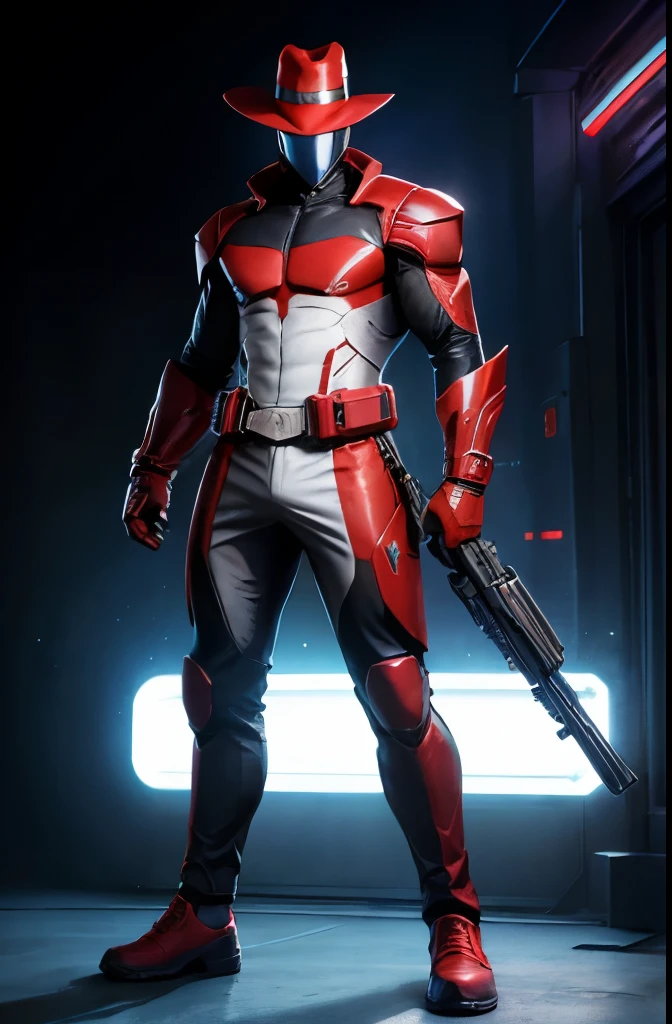 Supervillian, elegant suit, face mask, hat, armory background, guns everywhere, illuminated, white light, full body, weapons, futuristic gun, red