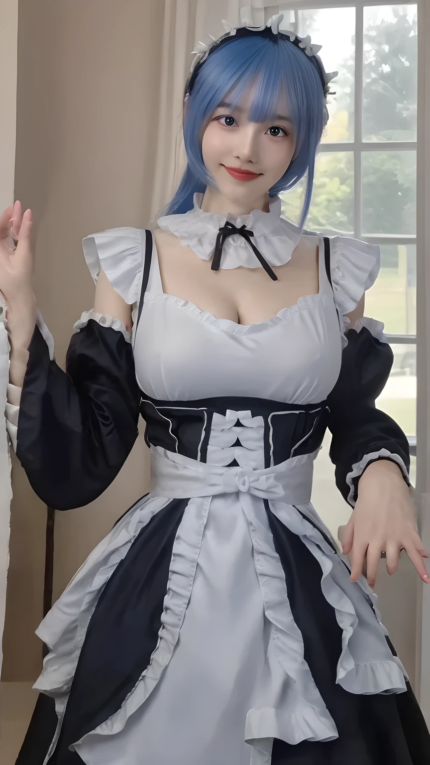 (masterpiece:1.2),best quality,high resolution,unity 8k wallpaper,(illustration:1),perfect lighting,extremely detailed CG, finely detail,extremely detailed,soft lighting and shadow,soft yet striking lighting,film grain:1.2,(skin pores:1.2),(detailed skin texture:1),((solo:1.5)),Detailed face,(see-through:1.1),misty,Low Key:1.1,depth of field, 1girl, solo, rem/maid, dress, maid dress, detached sleeves, bangs, long hair, volume hairs, shiny hairs, realistic hair, blue eyes, hair ornament, blue hair, shiny white skin, blurry background, mansion interior, lighting from window, blurry, realistic, looking at viewer, body pose, front view, big breast, full breast, 3/4 body, georgeous face, thick make up, cute smile, flashing bit of cleavage, both hands behind back