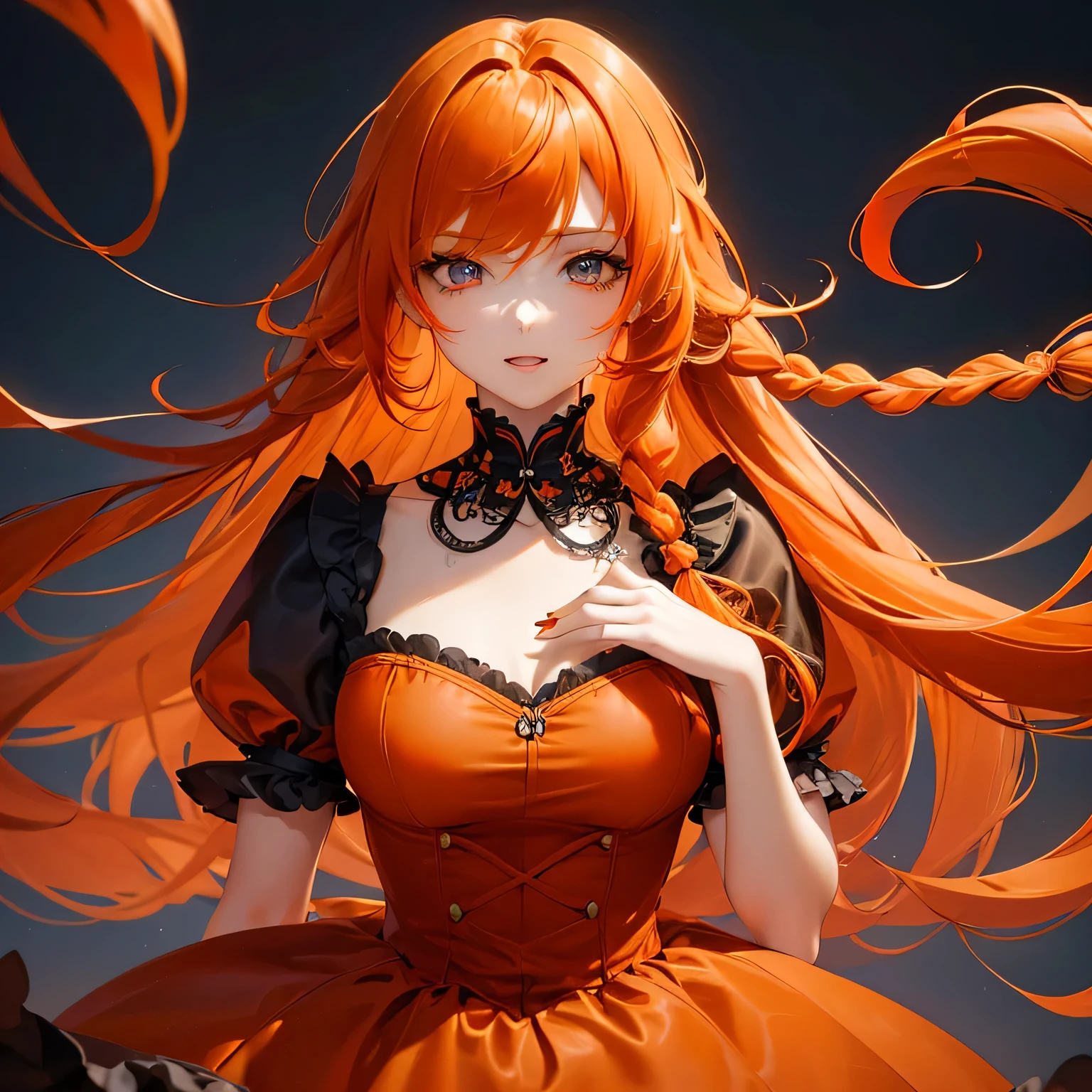1 girl,Depp's Sense,confused,catch light,Super beautiful illustration,(orange hair,long hairstyles:1.6),turn around,eye shadow,(Red clothes,Gothic Lolita),Upper body,;d,beautiful and delicate flowing hair,delicate and detailed blue eyes,emphasized chest