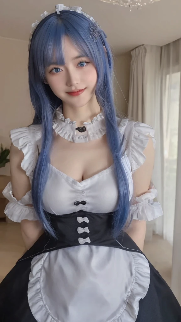 (masterpiece:1.2),best quality,high resolution,unity 8k wallpaper,(illustration:1),perfect lighting,extremely detailed CG, finely detail,extremely detailed,soft lighting and shadow,soft yet striking lighting,film grain:1.2,(skin pores:1.2),(detailed skin texture:1),((solo:1.5)),Detailed face,(see-through:1.1),misty,Low Key:1.1,depth of field, 1girl, solo, rem/maid, dress, maid dress, detached sleeves, bangs, long hair, volume hairs, shiny hairs, realistic hair, blue eyes, hair ornament, blue hair, shiny white skin, blurry background, mansion interior, lighting from window, blurry, realistic, looking at viewer, body pose, front view, big breast, full breast, 3/4 body, georgeous face, thick make up, cute smile, flashing bit of cleavage, both hands behind back