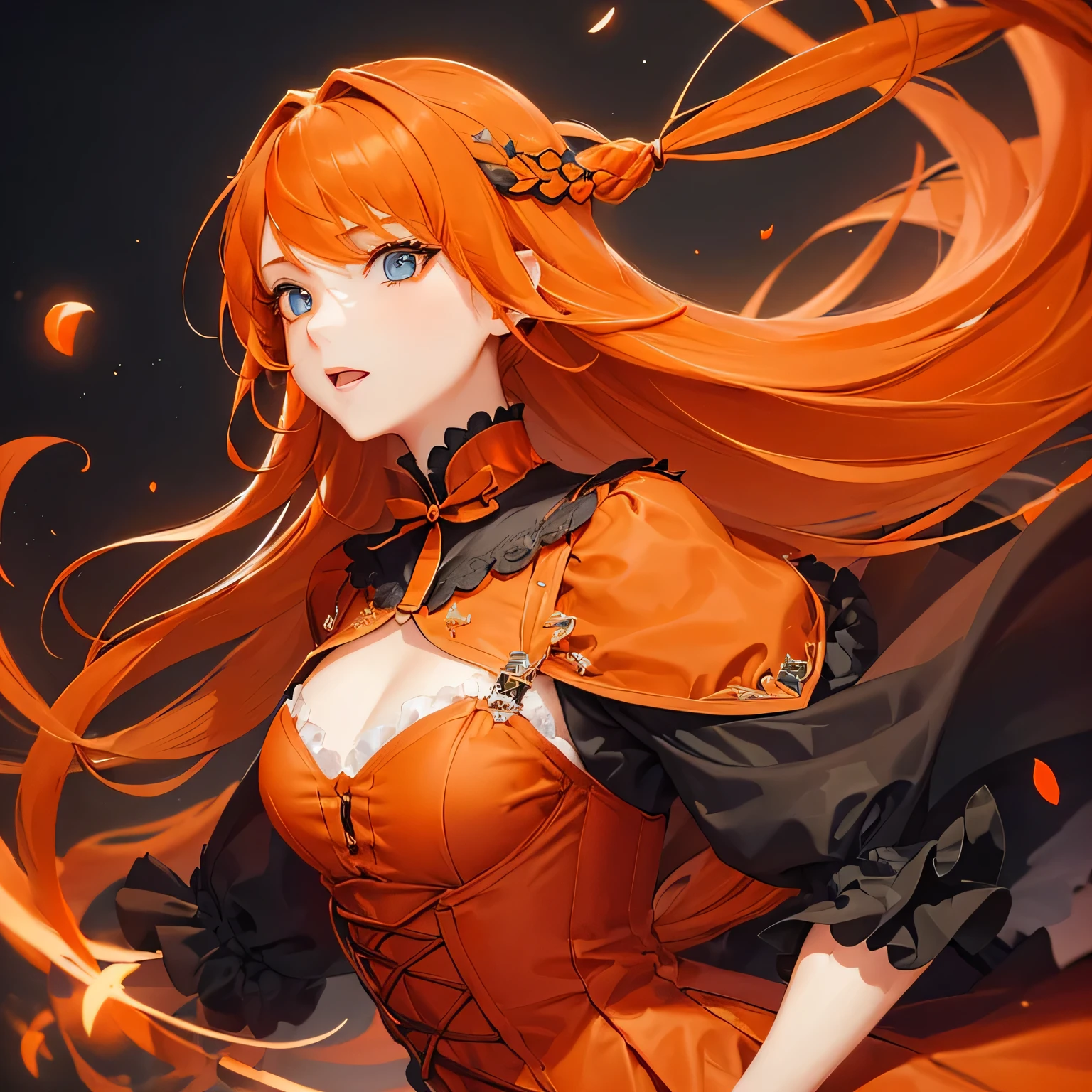 1 girl,Depp's Sense,confused,catch light,Super beautiful illustration,(orange hair,long hairstyles:1.3),turn around,eye shadow,(Red clothes,Gothic Lolita),Upper body,;d,beautiful and delicate flowing hair,delicate and detailed blue eyes,emphasized chest,flame effect,Explosive inflammation