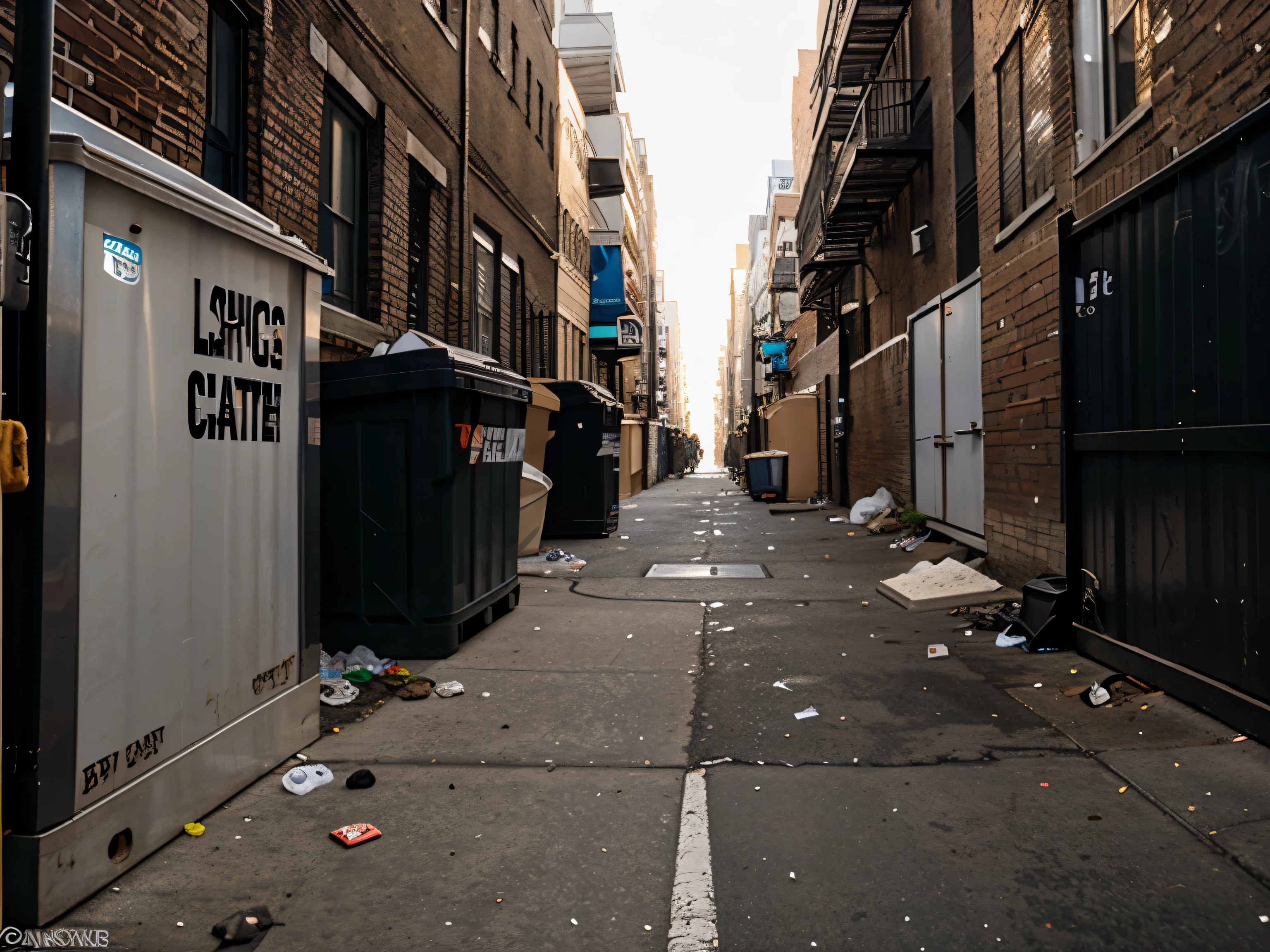 Hyper realistic new york alley, litter and trash, dumpster
