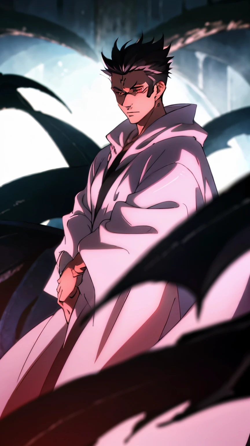 1 man, big white robe, black small hair, killer eyes, cool hairstyle, devil, T pose