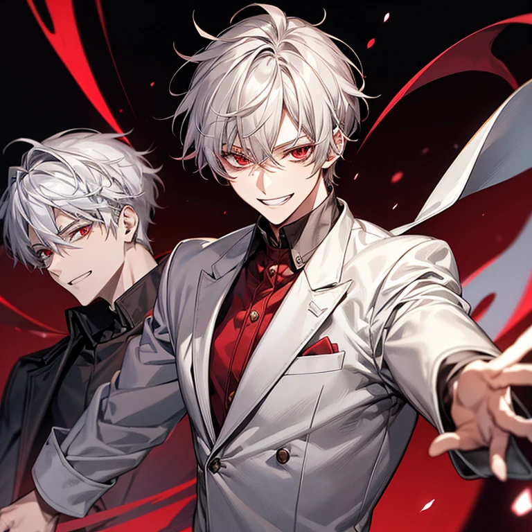 short gray haired anime guy,red eyes, white and red blazer, a silver haired mad, Tall anime guy with red eyes,grin,Nihilistic smile,upper body up