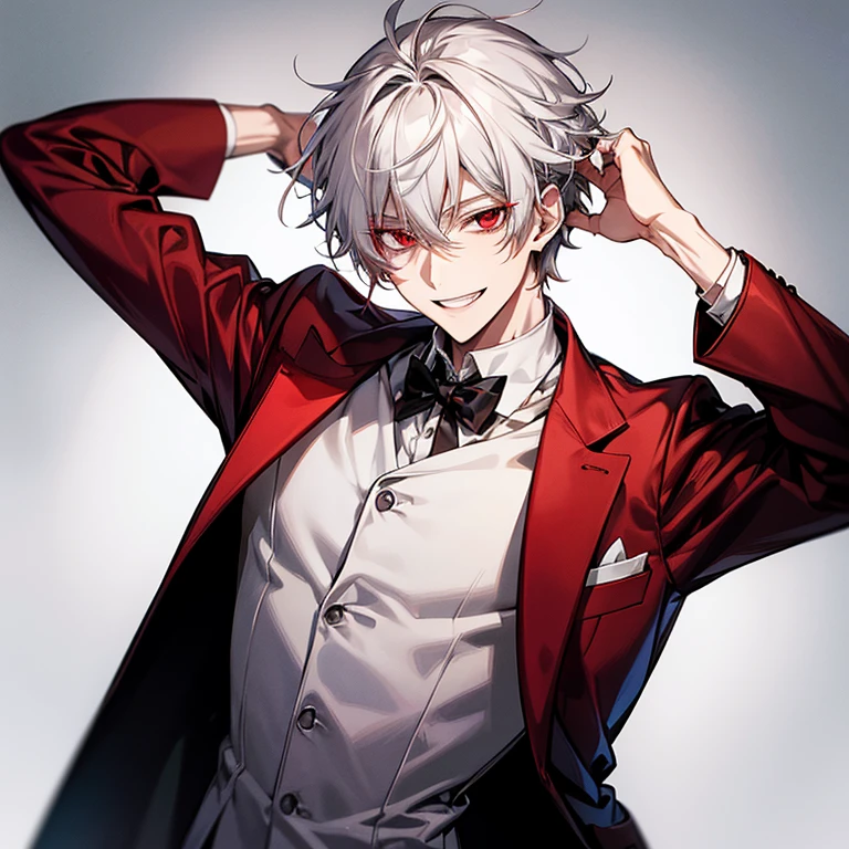 short gray haired anime guy,red eyes, white and red blazer, a silver haired mad, Tall anime guy with red eyes,grin,Nihilistic smile,upper body up