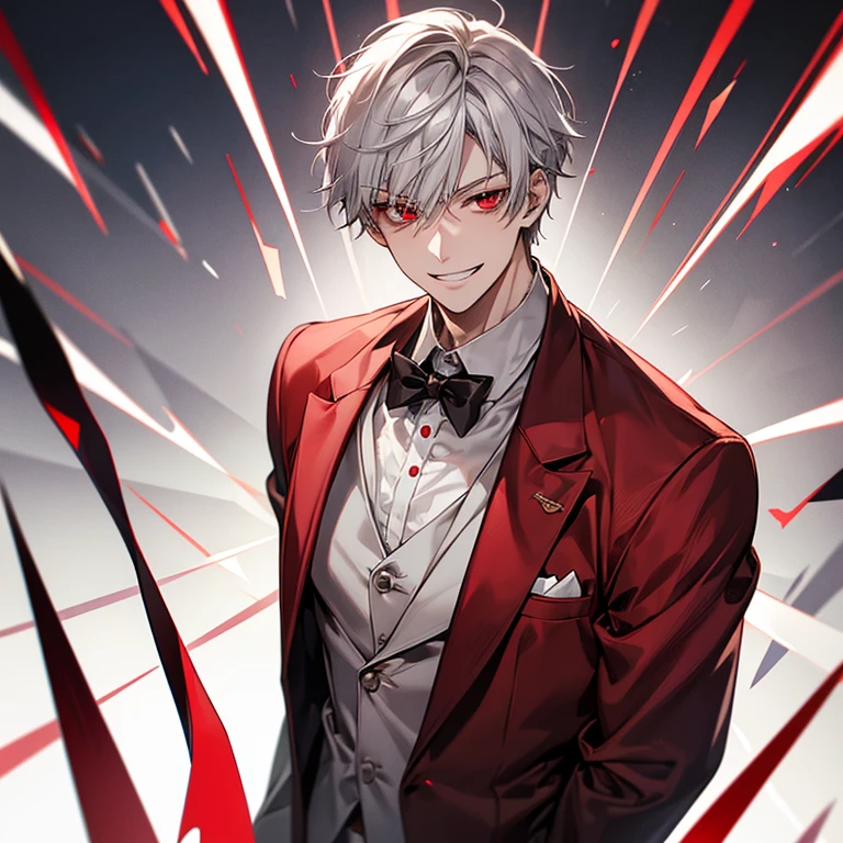 short gray haired anime guy,red eyes, white and red blazer, a silver haired mad, Tall anime guy with red eyes,grin,Nihilistic smile,upper body up