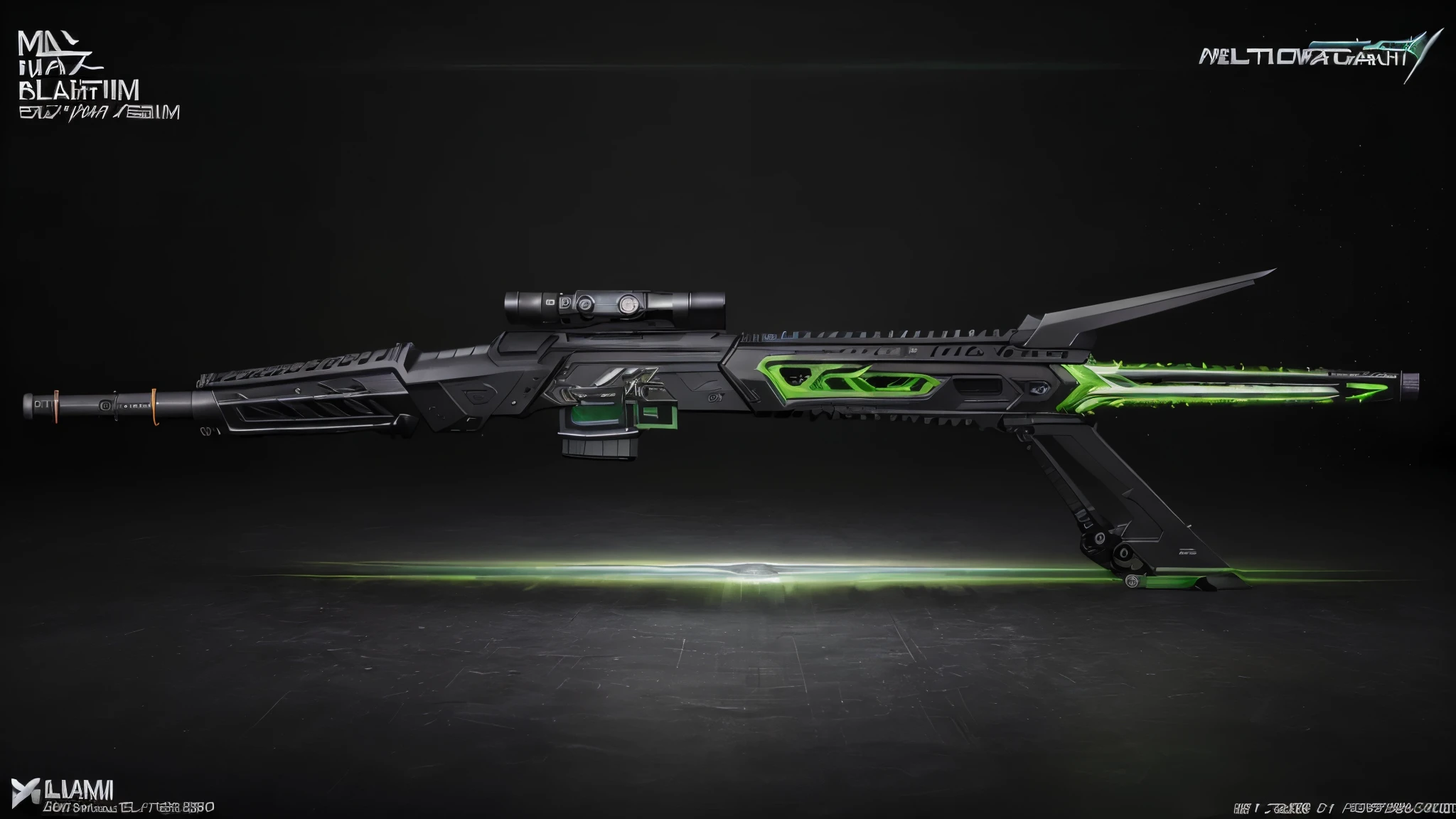 (artwork, maximum quality, best quality, official art, beautiful and aesthetic:1.2),(8k, best quality, artwork:1.2), CGgamearmaiconcsw, no humans,(black background:1.3), gradient, gradient background , weapon, vehicle focus, logo, radio antenna, weapon model rifle automatic shooting, (best quality, vibrant colors), (design detailed), (weapon detailed, full body weapon detailed), (skin titanium black, weapon Green), (skin weapon game detailed), (splash art) weapon evolution, weapon unique features, weapon like no other, with vibrant colors and intricate details that will leave you in awe. From its titanium black skin to its green accents, this weapon is a true masterpiece. Imagine the splash art that would showcase its unique features and design, bringing it to life in a whole new way."