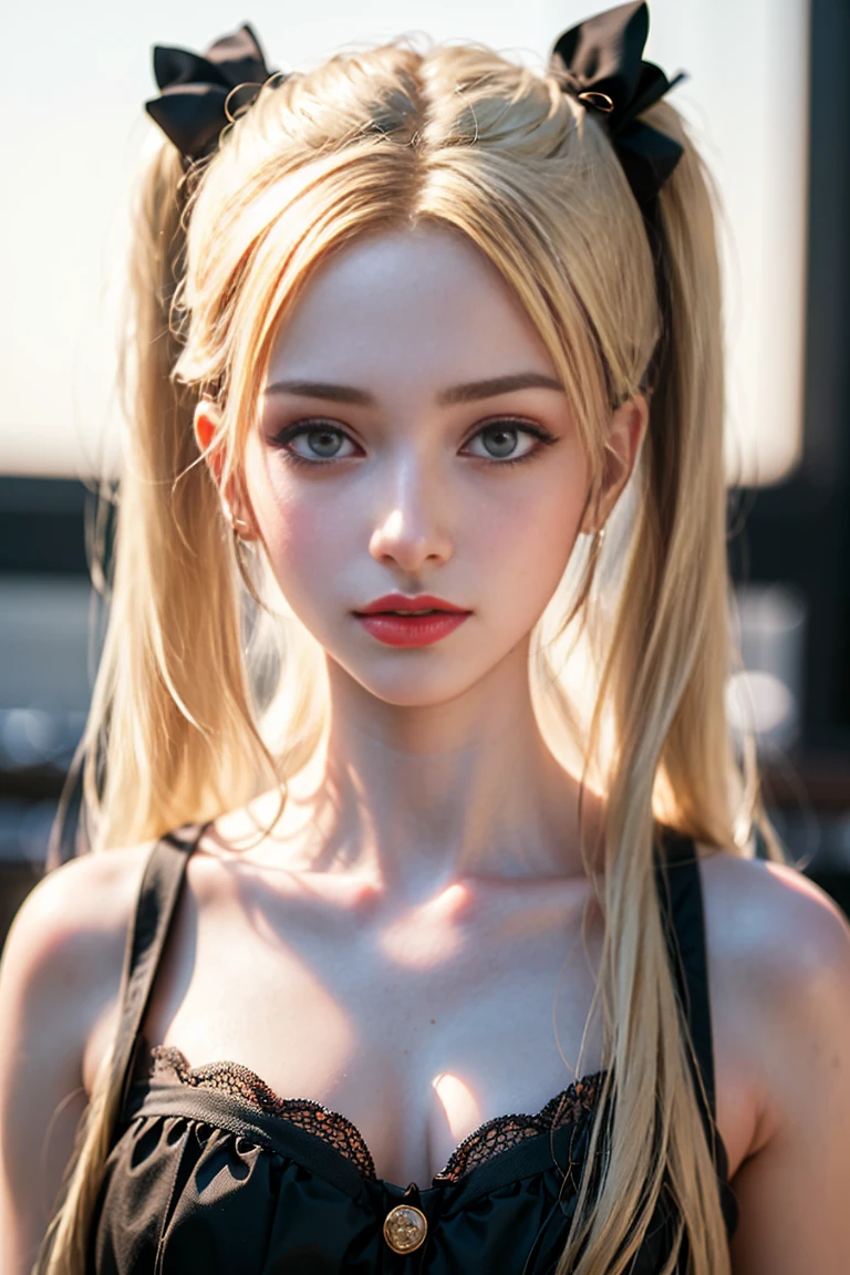 (8K, 4K, highest quality, High resolution, 超High resolution:1.1), (masterpiece, realistic, photo-realistic:1.1), 1 girl, face, close, twin tails, blonde hair, black eye, red lips, (looking at the viewer:2), ridiculously long hair, long eyelashes, eye shadow, small face, Big eyes,
bare shoulders,
high contrast,