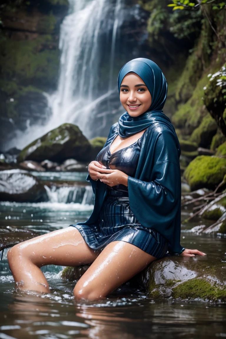 asian girl, naked, white skin, smile, red hijab , sitting, outdoor, waterfall