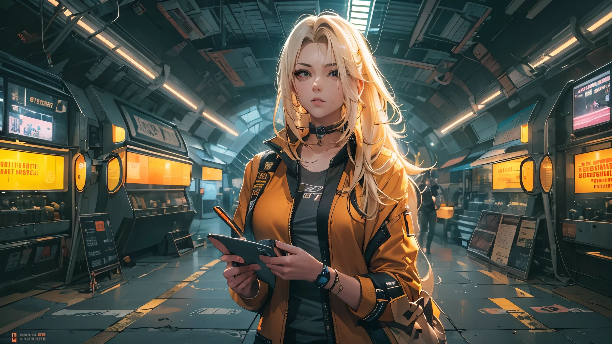 cyberpunk, female, 1 reporter, Station Background, blond hair, long hair, yellow jumper, microphone in right hand, Focus on upper body and face, perfect face, perfect body, ultra high definition, high detail, 8K