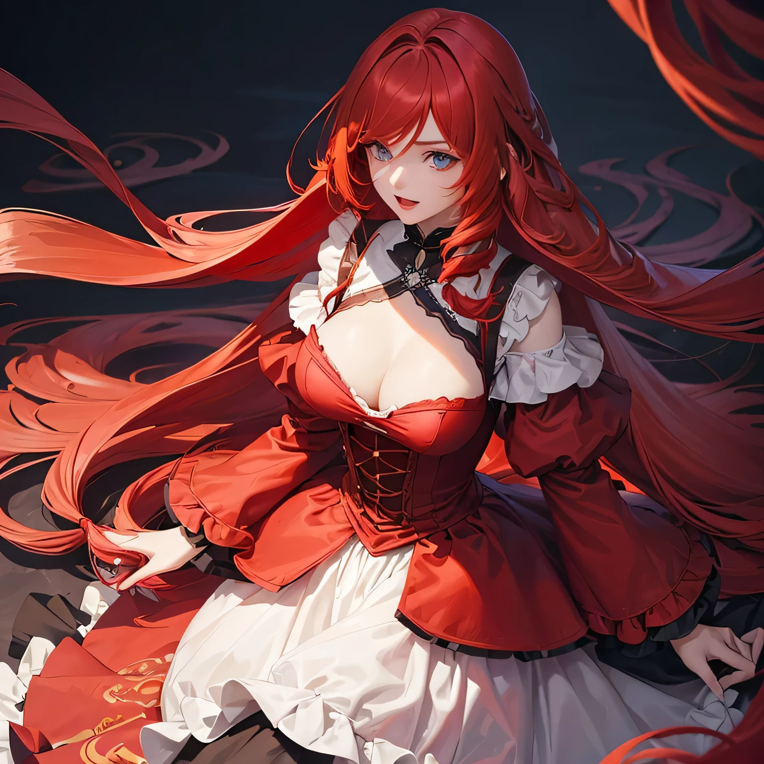 1 girl,Depp's Sense,confused,catch light,Super beautiful illustration,(redhead,long hairstyles:1.6),turn around,eye shadow,(Red clothes,Gothic ta),Upper body,;d,beautiful and delicate flowing hair,delicate and detailed blue eyes,emphasized chest,big breasts