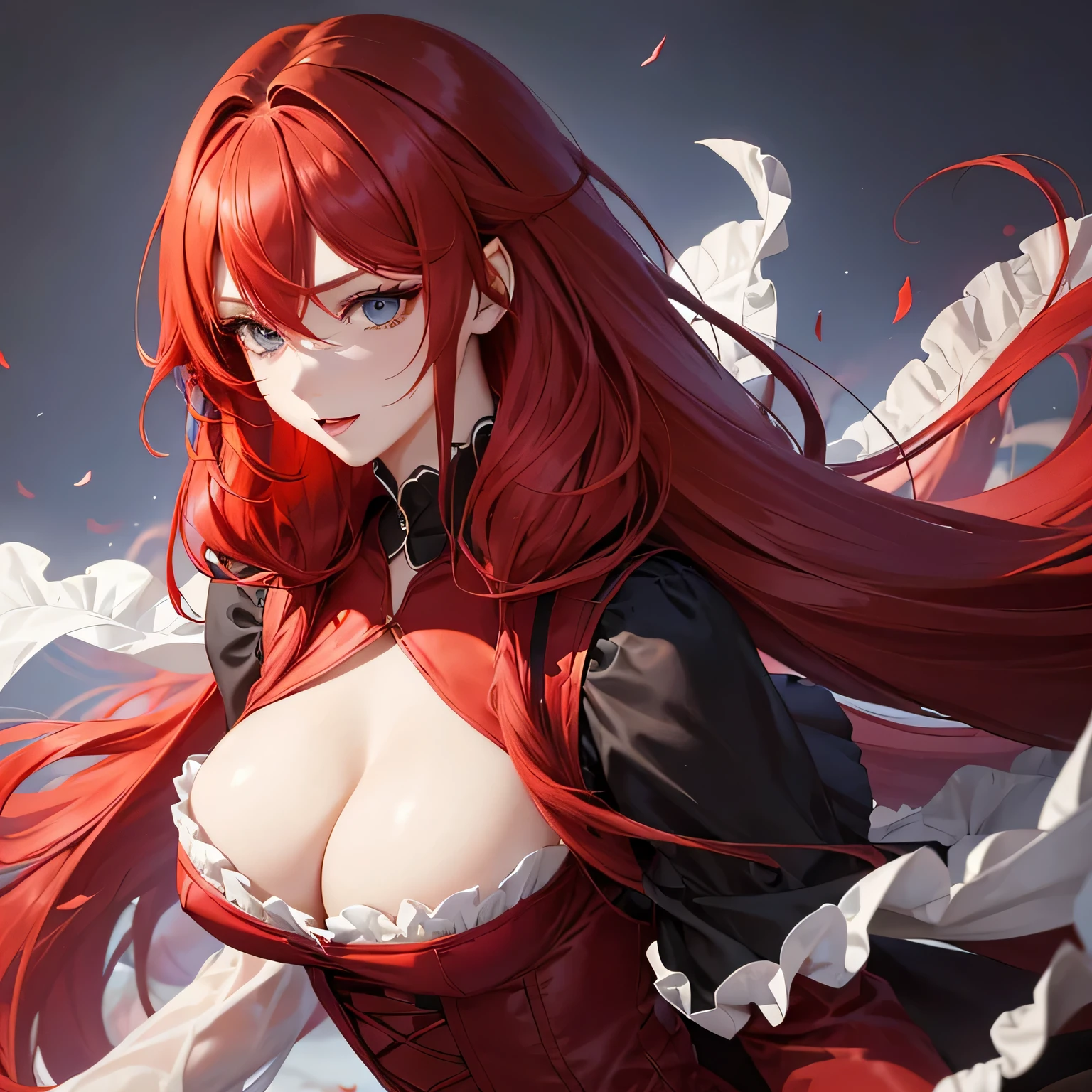 1 girl,Depp's Sense,confused,catch light,Super beautiful illustration,(redhead,long hairstyles:1.6),turn around,eye shadow,(Red clothes,Gothic Lolita),Upper body,;d,beautiful and delicate flowing hair,delicate and detailed blue eyes,emphasized chest,big breasts