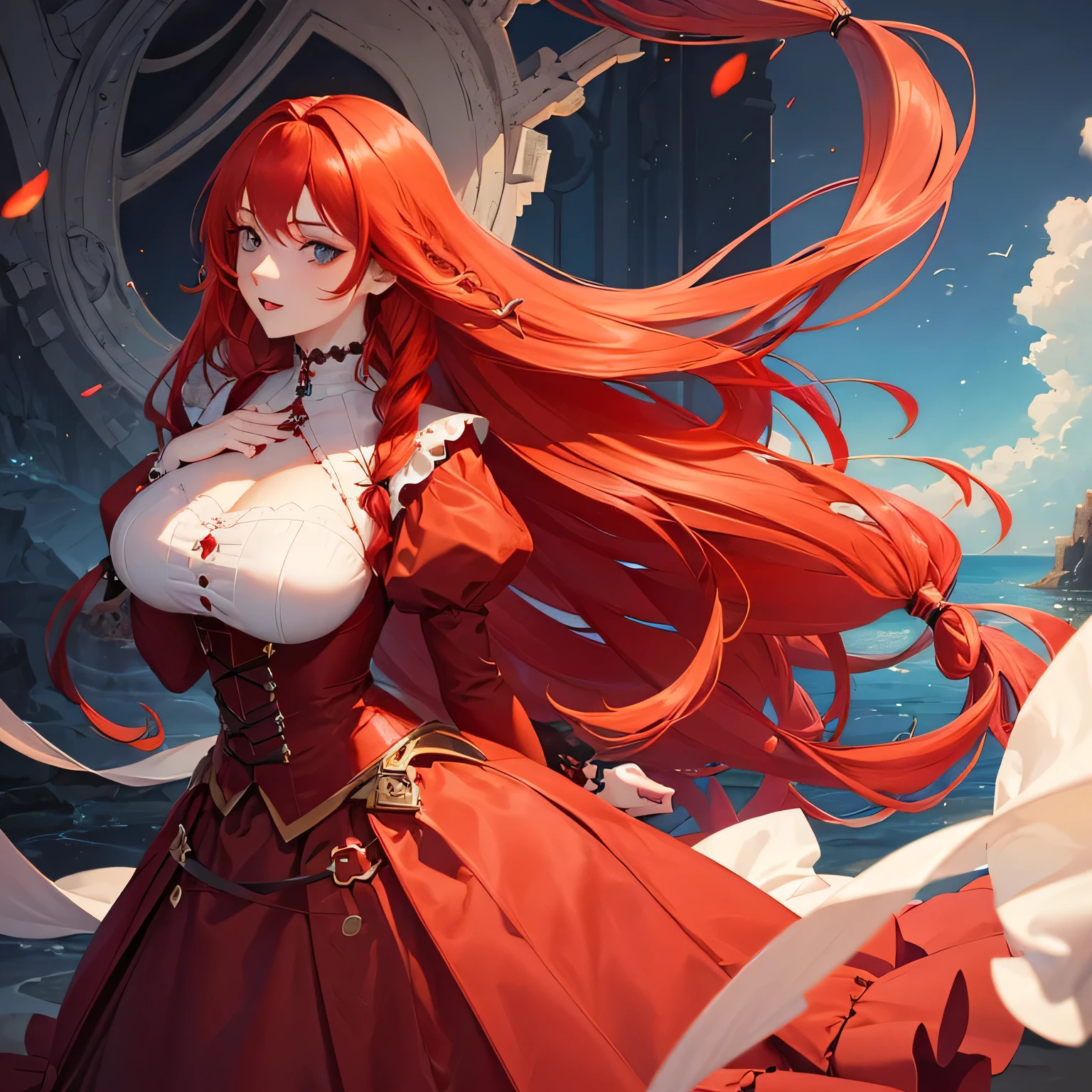 1 girl,Depp's Sense,confused,catch light,Super beautiful illustration,(redhead,long hairstyles:1.6),turn around,eye shadow,(Red clothes,Gothic ta),Upper body,;d,beautiful and delicate flowing hair,delicate and detailed blue eyes,emphasized chest,big breasts