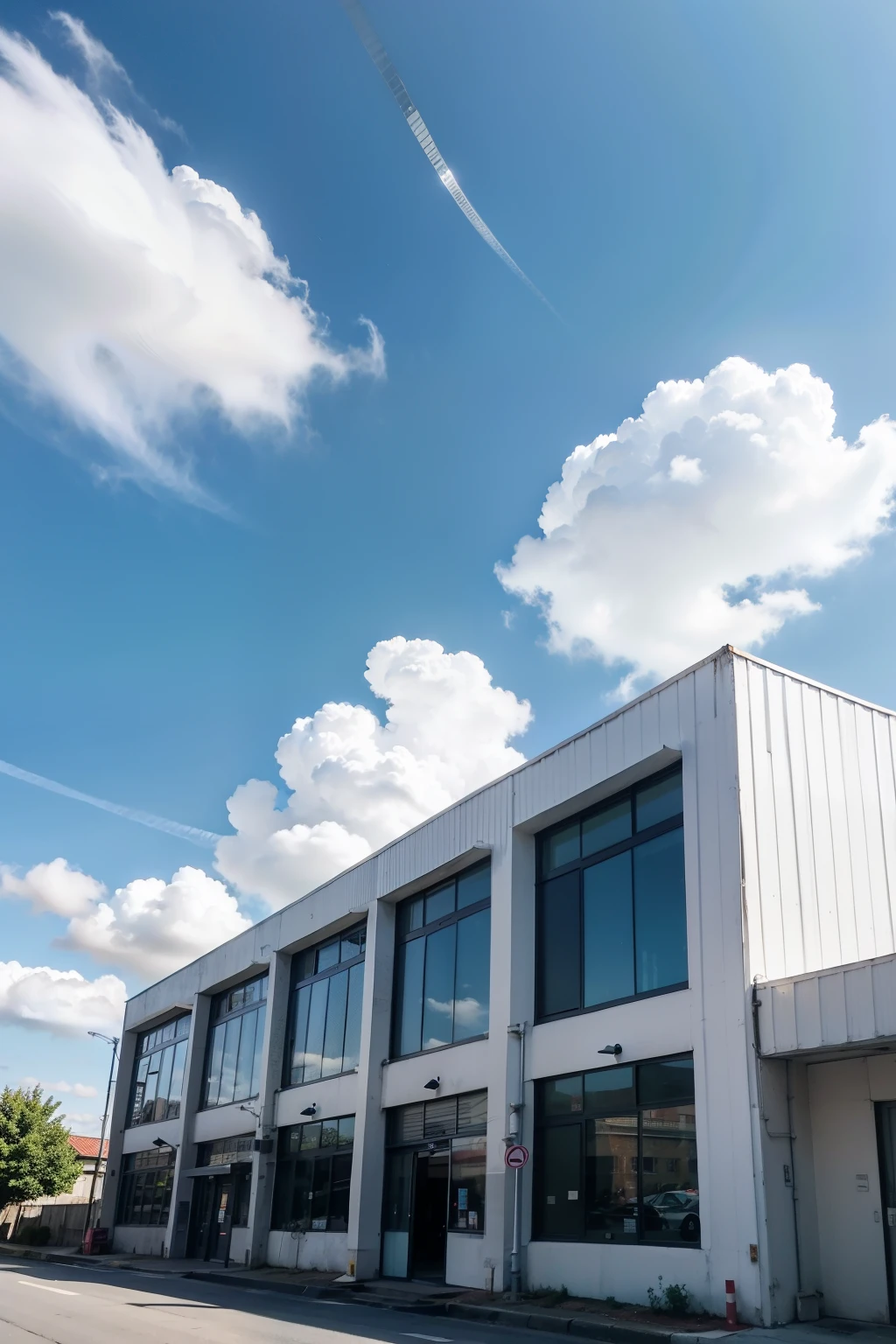Factory buildings,在郊区外的很多的大型Factory buildings,Factory buildings,3 buildings,Blue sky and white clouds,Real, Realistic, Photorealistic, Front View, High Definition, 8K, Immersive Detail, Fine, Fine,4k