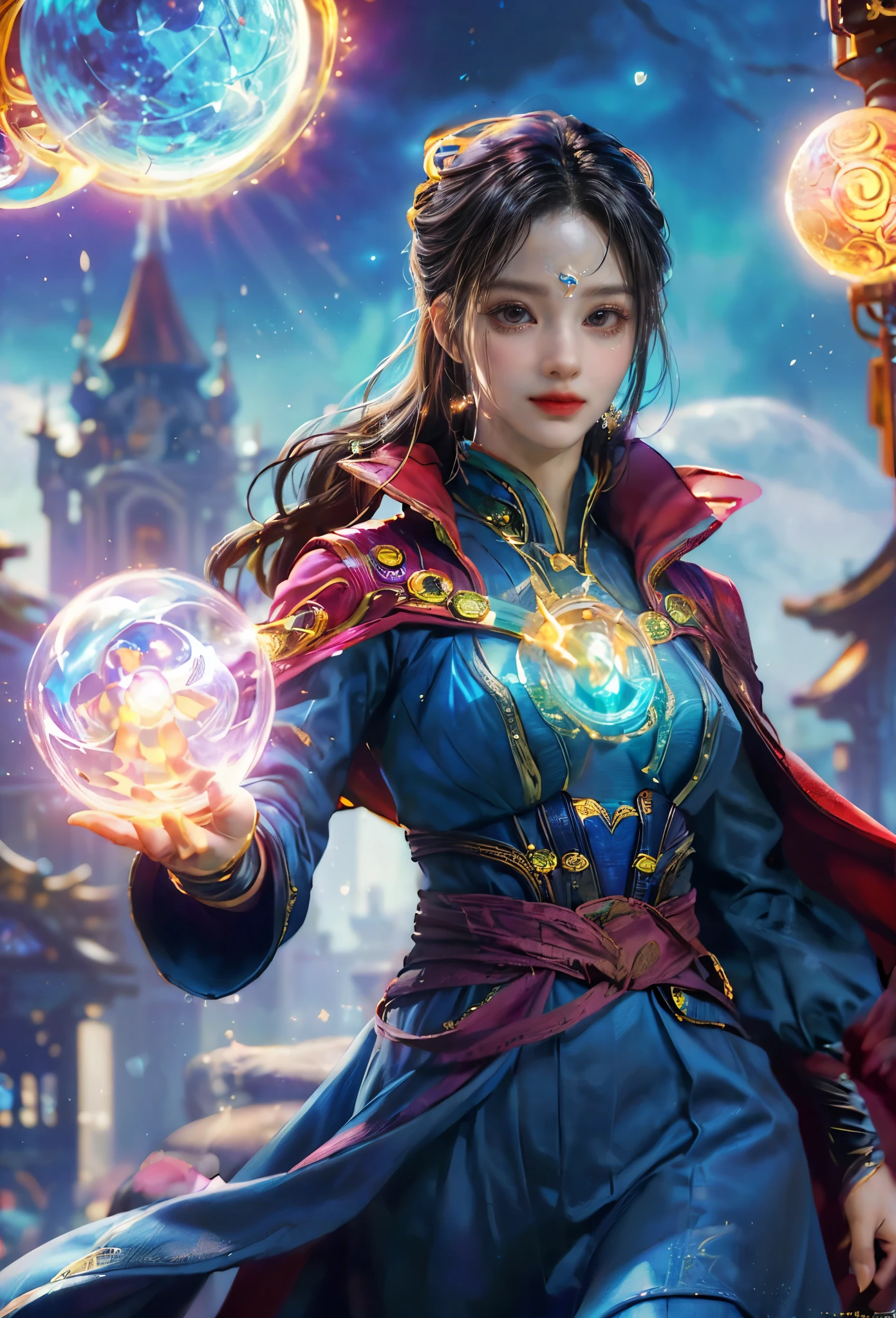 Sparkling, Marvel Universe Doctor Strange world, ((1 beautiful girl wearing Doctor Strange clothes: 1.2, sweet smile: 1.2)), the moon is empty, beautiful girl dressed as Doctor Strange, teaching wand, (hands wrapped around Magic light: 1.5), sky, full moon, fantasy magic style and other decorations, dreamy world, cute cartoon design style, Bubble Mart, bright colors, bright, 1.4 times realism, ultra-high definition, everything is displayed here in beautiful scene, (花卉水彩画:1.5), (Ultra high saturation, bright and vivid colors: 1.5), (nsfw), (Facing the viewer: 1.5)
