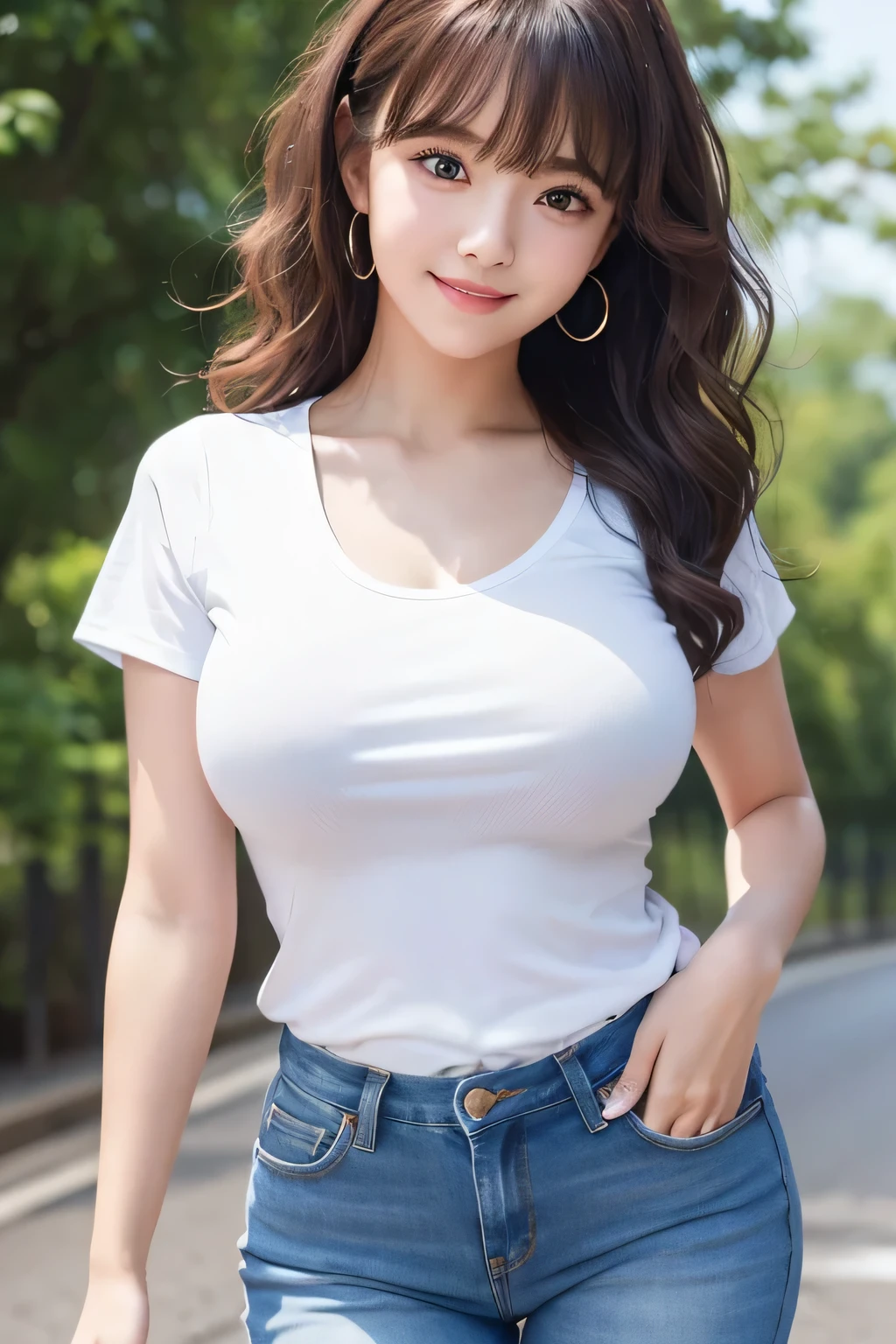 8K, highest quality, real image, intricate details, Super detailed, ultra high resolution, depth field,(realistic,realistic:1.2), wide face、frontal shot , From the middle , 1 girl, very beautiful  girl, Big eyes、beautiful breasts:1.5、huge breasts、highly detailed eyes:1.2)、(beautiful breasts:1.1)、wavy hair、curly hair、bangs, perfect skin, Fair skin, big hips、thick thighs、thin waist, thick legs、light blush, alone、 looking at the viewer, laughter、(white t-shirt、blue jeans)、city、road、歩road