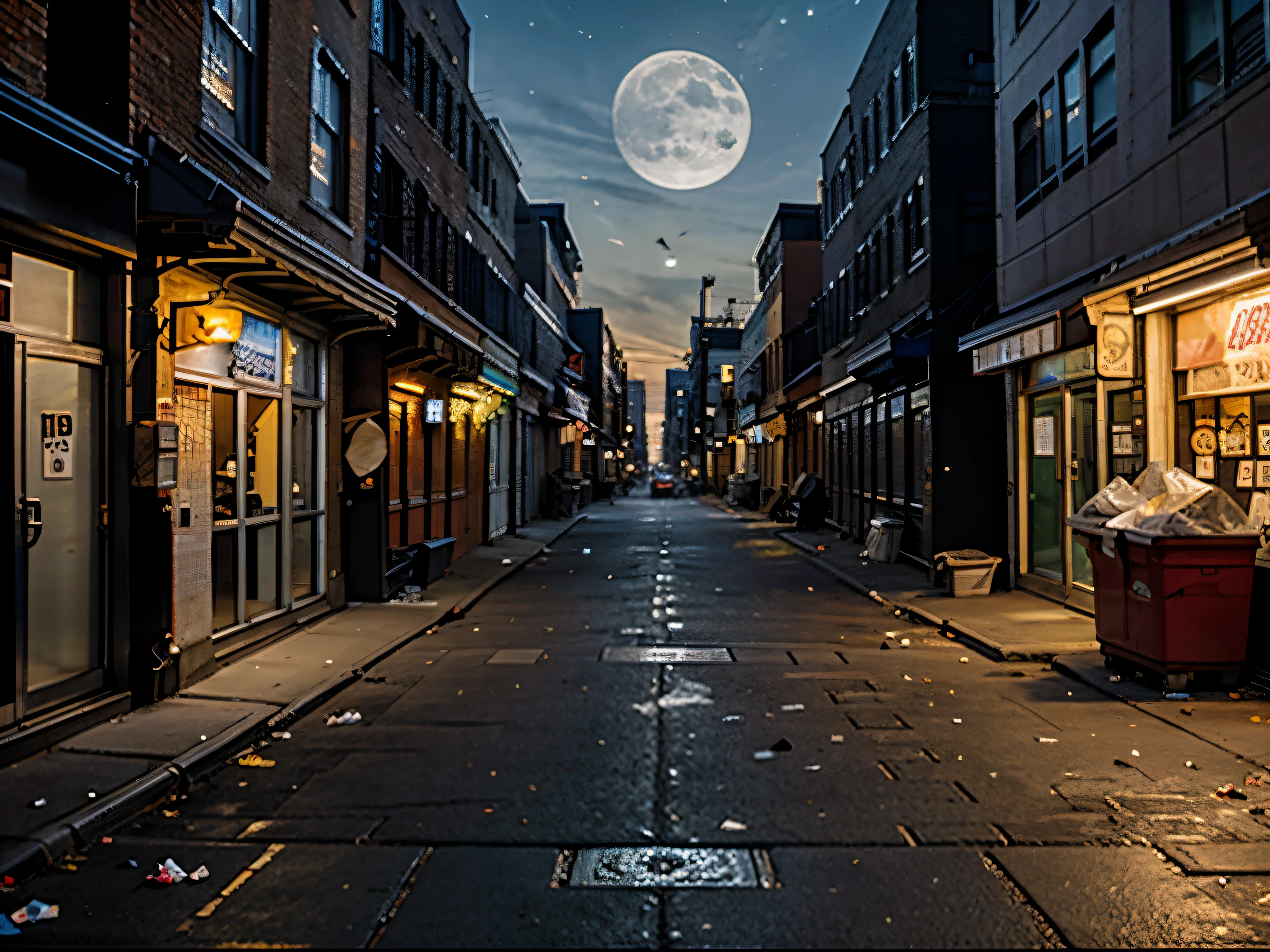 Hyper realistic new york alley, litter, night moonlight 