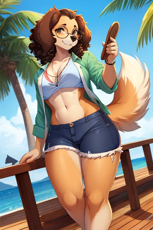 furry female, open_shirt tube_top curvy canine dog glasses circle_glasses female floppy_ears spaniel 1girl sailing on boat dog_ears dark_brown_fur curly_hair anthro tropical island rays_of_light athletic_shorts ripped_clothes fluffy_tail, big_tail sfw boardwalk pier rowboat sitting paddle attractive fit 