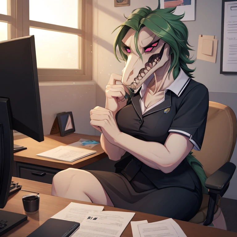 Female, solo, reptilian, voluptuous body, tall, sitting, very dark green scales, reptilian face, exposed jaw bone, long reptile snout, decaying face, boney face, sharp teeth, clawed fingers, dark green hair, decaying body, exposed bones, pink eyes, depressed expression, sad, secretary uniform, office space