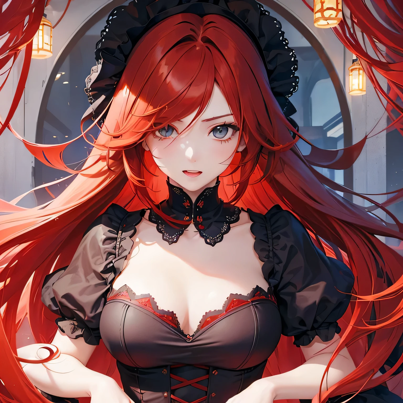 1 girl,Depp's Sense,confused,catch light,Super beautiful illustration,(redhead,long hairstyles:1.6),turn around,eye shadow,(Red clothes,Gothic Lolita),Upper body,;d,beautiful and delicate flowing hair,delicate and detailed blue eyes,emphasized chest,big breasts