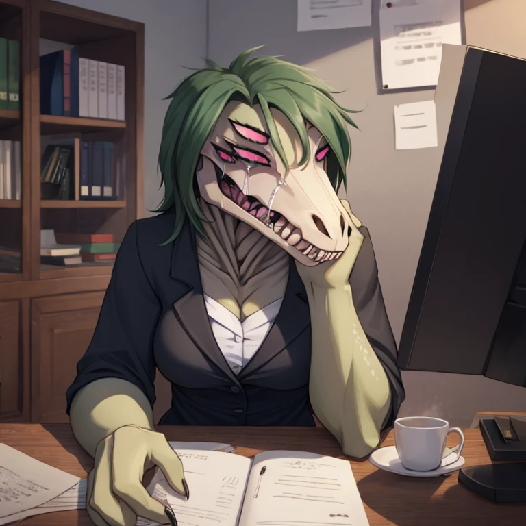 Female, solo, reptilian, voluptuous body, tall, sitting, very dark green scales, reptilian face, exposed jaw bone, long reptile snout, decaying face, boney face, sharp teeth, clawed fingers, dark green hair, decaying body, exposed bones, pink eyes, depressed expression, sad, crying, secretary uniform, office space