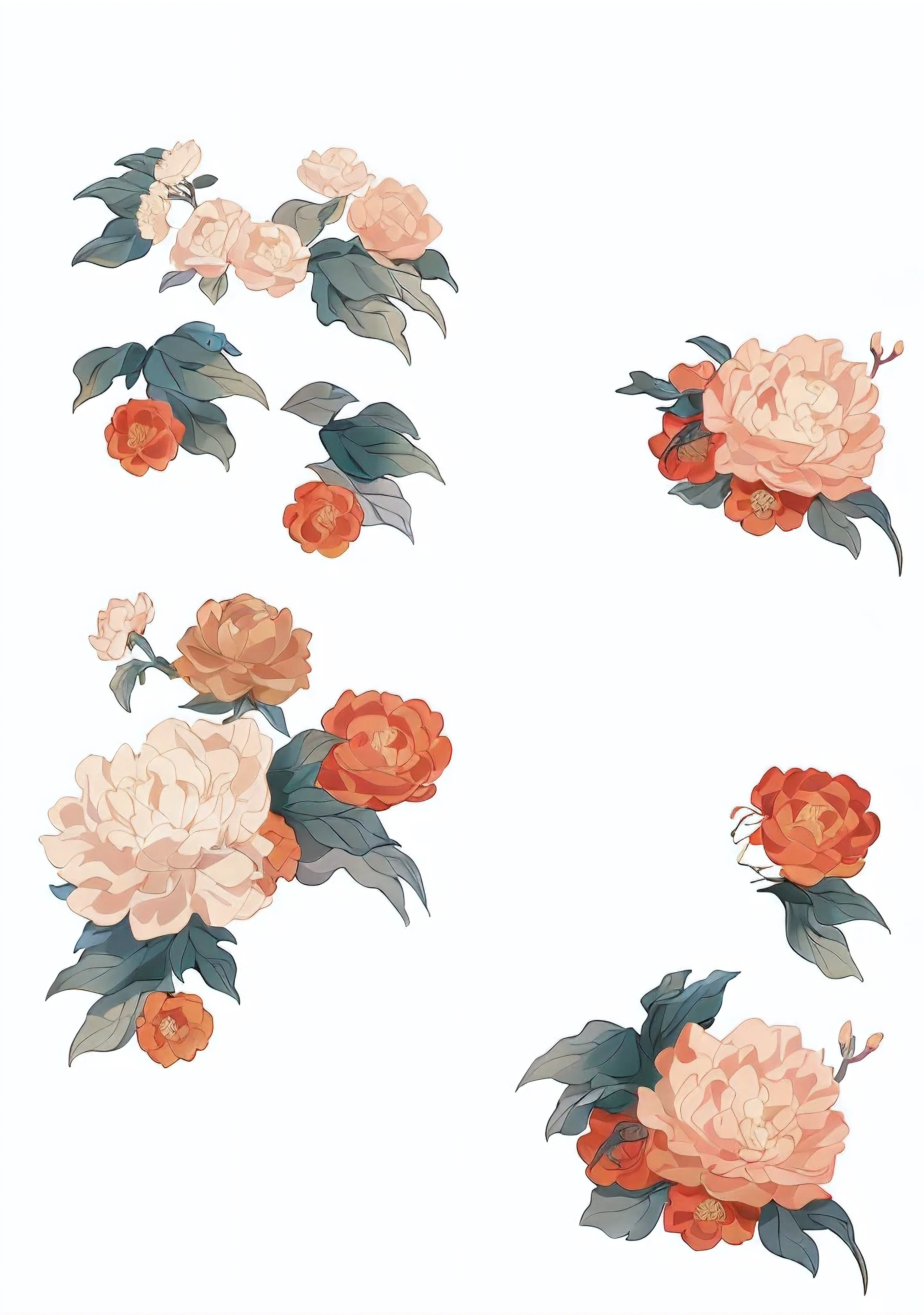 Chinese peony flower, Digital art on pixiv, over detailed art, A beautiful artistic illustration, Small cherry blossoms,small camellia,natural light,Master light and shadow effects