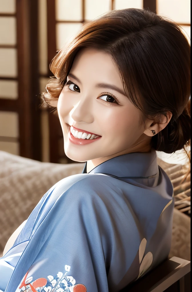 (1 Ultimate Beautiful Mature Woman), hyperdetailed face, Detailed lips, A detailed eye, 二重まぶた, Brunette Bob Hair, (grin), ((Beautiful teeth)), large full breasts, (((She is wearing a Japanese kimono with delicate decorations.))), ((Cowboy Shot)), perfect bodies, face perfect, Perfect fit, ((depth of fields)), Perfect image realism, (((Background with:Living room of the house)))、詳細なBackground with, detailed costume, Perfect litthing、Hyper-Realism、Photorealsitic、8K maximum resolution, (masterpiece), ighly detailed, Professional