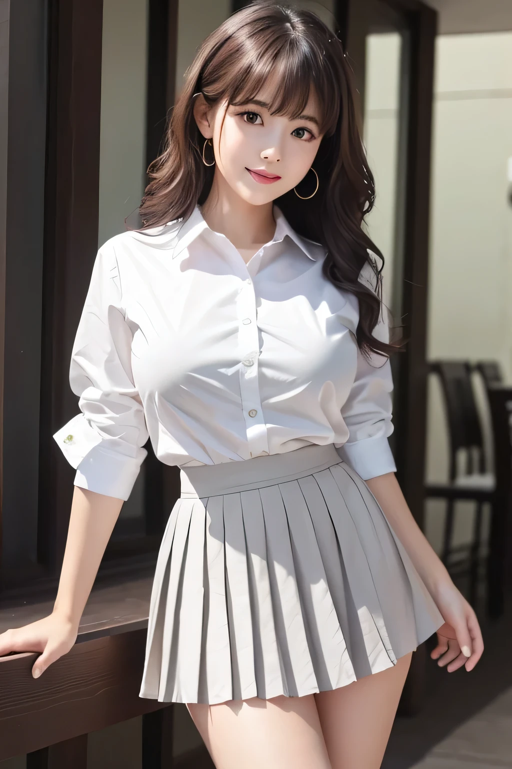 8K, highest quality, real image, intricate details, Super detailed, ultra high resolution, depth field,(realistic,realistic:1.2), frontal shot , From the middle , 1 girl, very beautiful 17 year old girl, Big eyes、beautiful breasts:1.5、huge breasts、highly detailed eyes:1.2)、(beautiful breasts:1.1)、wavy hair、curly hair、bangs, perfect skin, Fair skin, big hips、thick thighs、thick legs、thin waist, thick legs、light blush, alone、 looking at the viewer, laughter、(White Y-shirt、dark grey pleated skirt)、department store