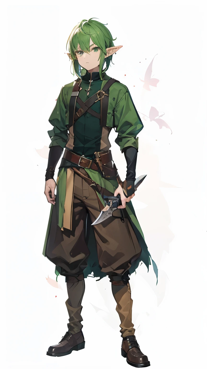 1boy,green hair, adventurer's brown shoes, holding a weapon, elf tribe, elf ears, man's frowning face, high resolution, high lighting , Cell sharing, standing pose
