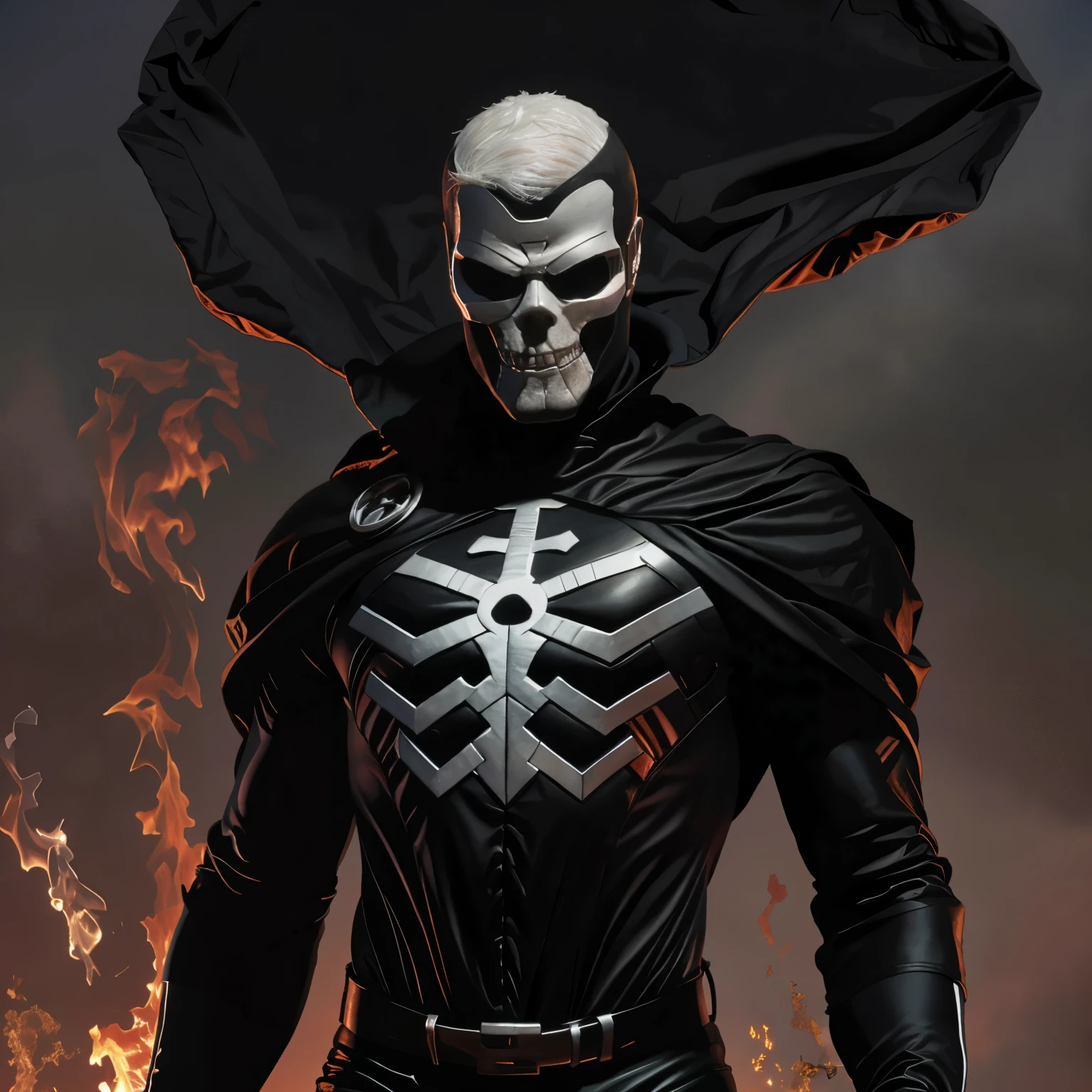 Superhero dressed in black with a skull face and white hair ART by Alex Ross 