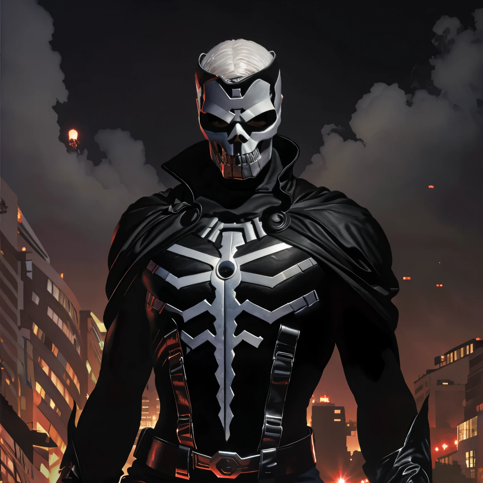 Superhero dressed in black with a skull face and white hair ART by Alex Ross 