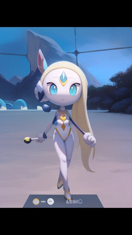 a close up of a cartoon character holding a tennis racket, lunar themed attire, magical shiny skin, holding a pudica pose, neutral pose, the goddess artemis smirking, a glaceon ice princess, dynamic energic pose, pokemon sword and sheild, pearlescent skin, mew, pudica pose, character is in her natural pose, character posing