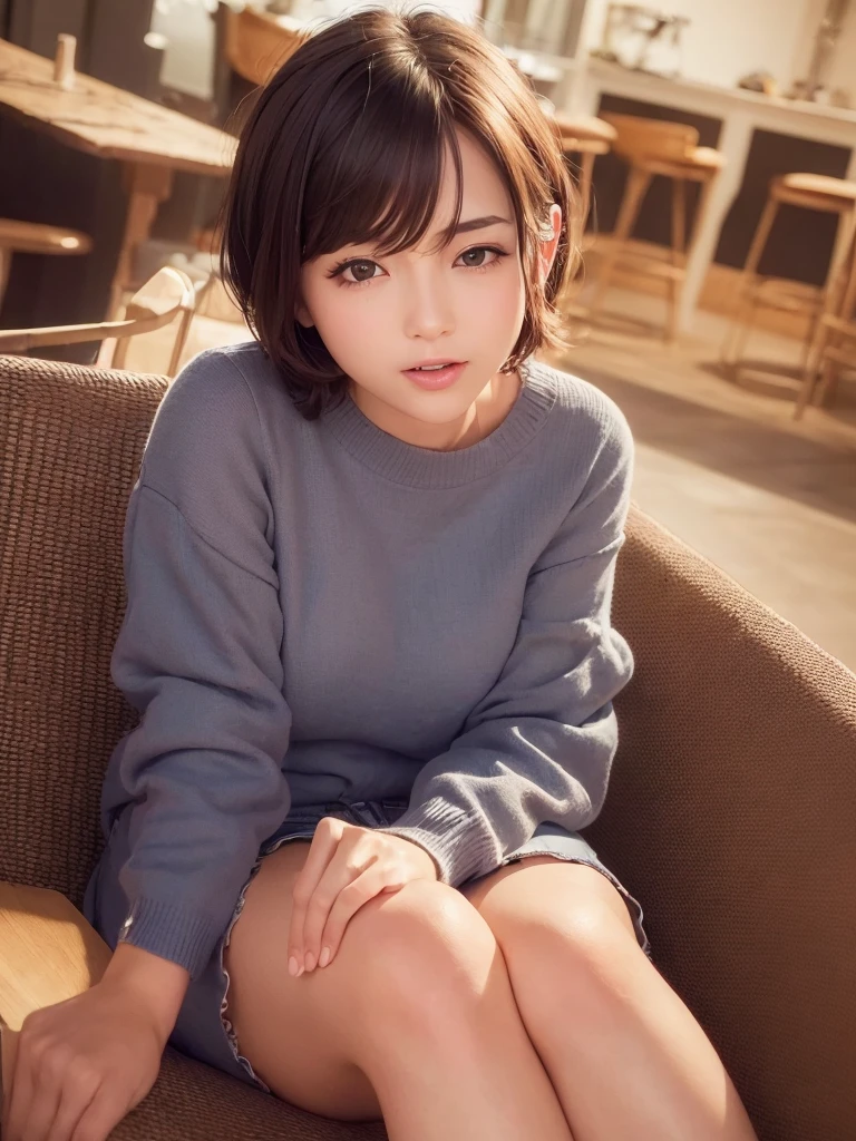 ((Best quality, 8k, Masterpiece :1.3)), 1girl, cafe,imminent kiss,Pretty woman, Super Short Hair,Big Laugh,Long Sleeve,Ultra-detailed face, cute eyes, Double eyelid,closed eyes, Cowboy Shot,Sitting