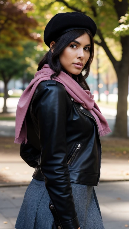woman wearing a biker jacket, black beret, pink scarf, high boots, while is in a park, aw-dropping beauty, jaw dropping beauty, attractive face and body, attractive woman, a gorgeous beautiful dark brown haired girl, lovely black woman, gorgeous black woman, gorgeous beautiful black woman, beautiful female, beautiful body and face