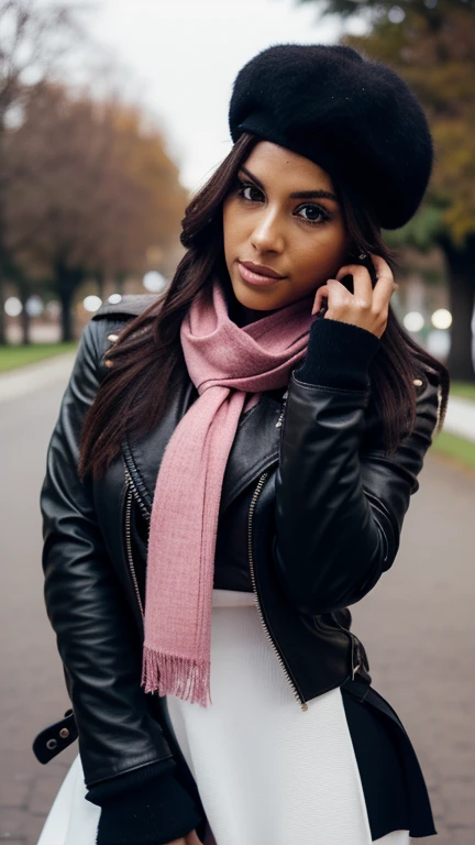 woman wearing a biker jacket, black beret, pink scarf, high boots, while is in a park, aw-dropping beauty, jaw dropping beauty, attractive face and body, attractive woman, a gorgeous beautiful dark brown haired girl, lovely black woman, gorgeous black woman, gorgeous beautiful black woman, beautiful female, beautiful body and face