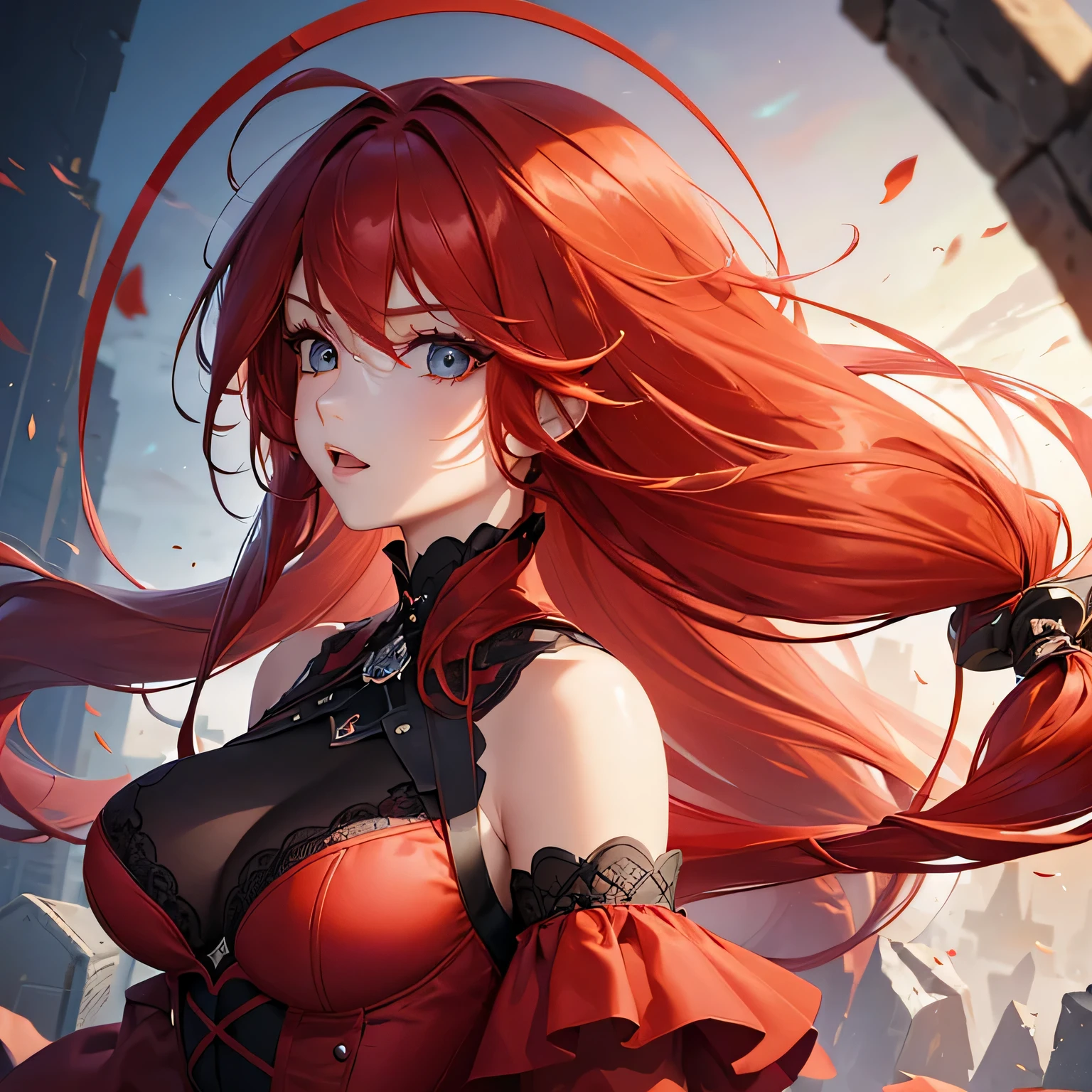 1 girl,Depp's Sense,confused,catch light,Super beautiful illustration,(redhead,long hairstyles:1.6),turn around,eye shadow,(Red clothes,Gothic Lolita),Upper body,;d,beautiful and delicate flowing hair,delicate and detailed blue eyes,emphasized chest,big breasts
