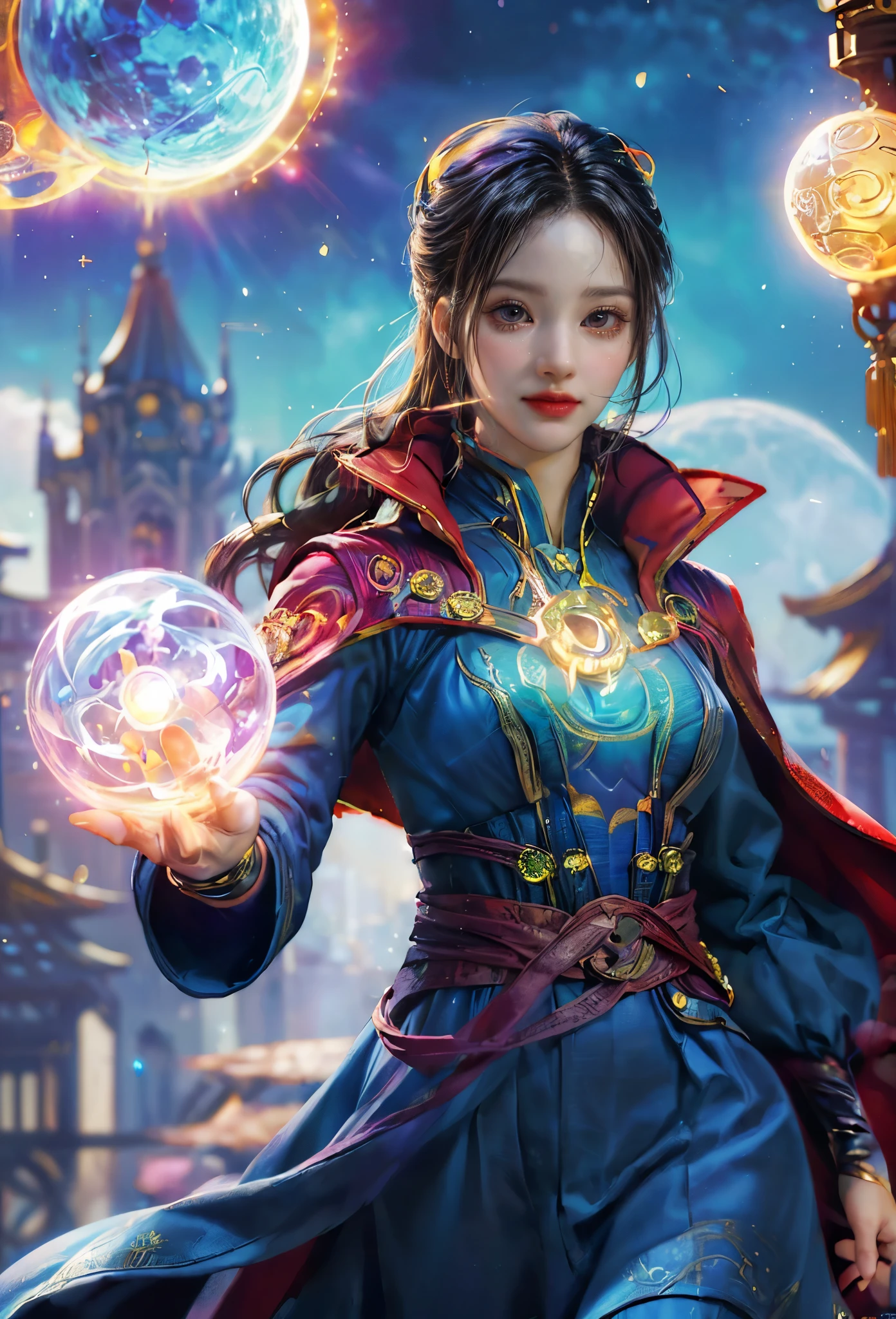 Sparkling, Marvel Universe Doctor Strange world, ((1 beautiful girl wearing Doctor Strange clothes: 1.2, sweet smile: 1.2)), the moon is empty, beautiful girl dressed as Doctor Strange, teaching wand, (hands wrapped around Magic light: 1.5), sky, full moon, fantasy magic style and other decorations, dreamy world, cute cartoon design style, Bubble Mart, bright colors, bright, 1.4 times realism, ultra-high definition, everything is displayed here in beautiful scene, (花卉水彩画:1.5), (Ultra high saturation, bright and vivid colors: 1.5), (nsfw), (Facing the viewer: 1.5)