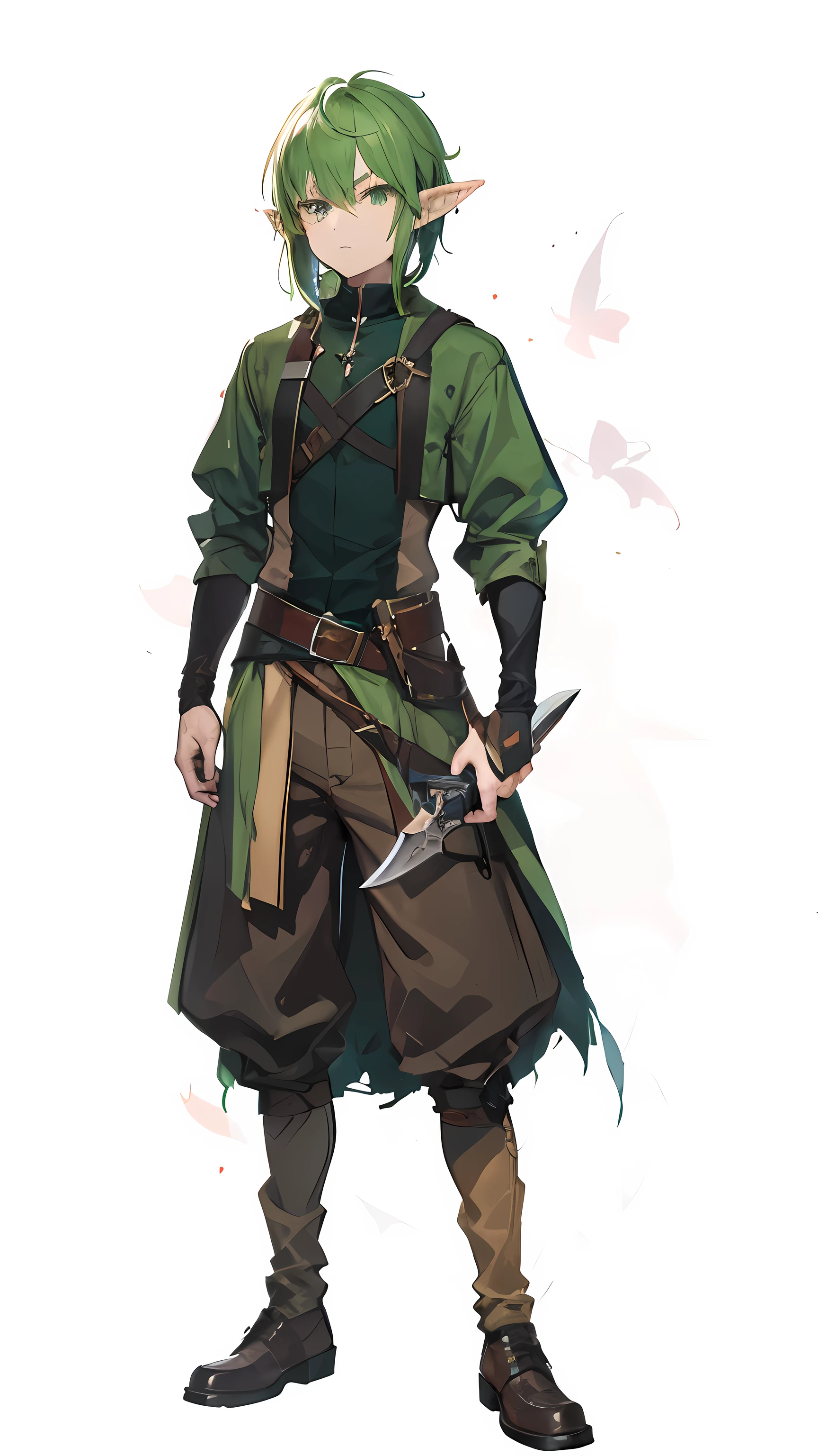 1boy,green hair, adventurer's brown shoes, holding a weapon, elf tribe, elf ears, man's frowning face, high resolution, high lighting , Cell sharing, standing pose