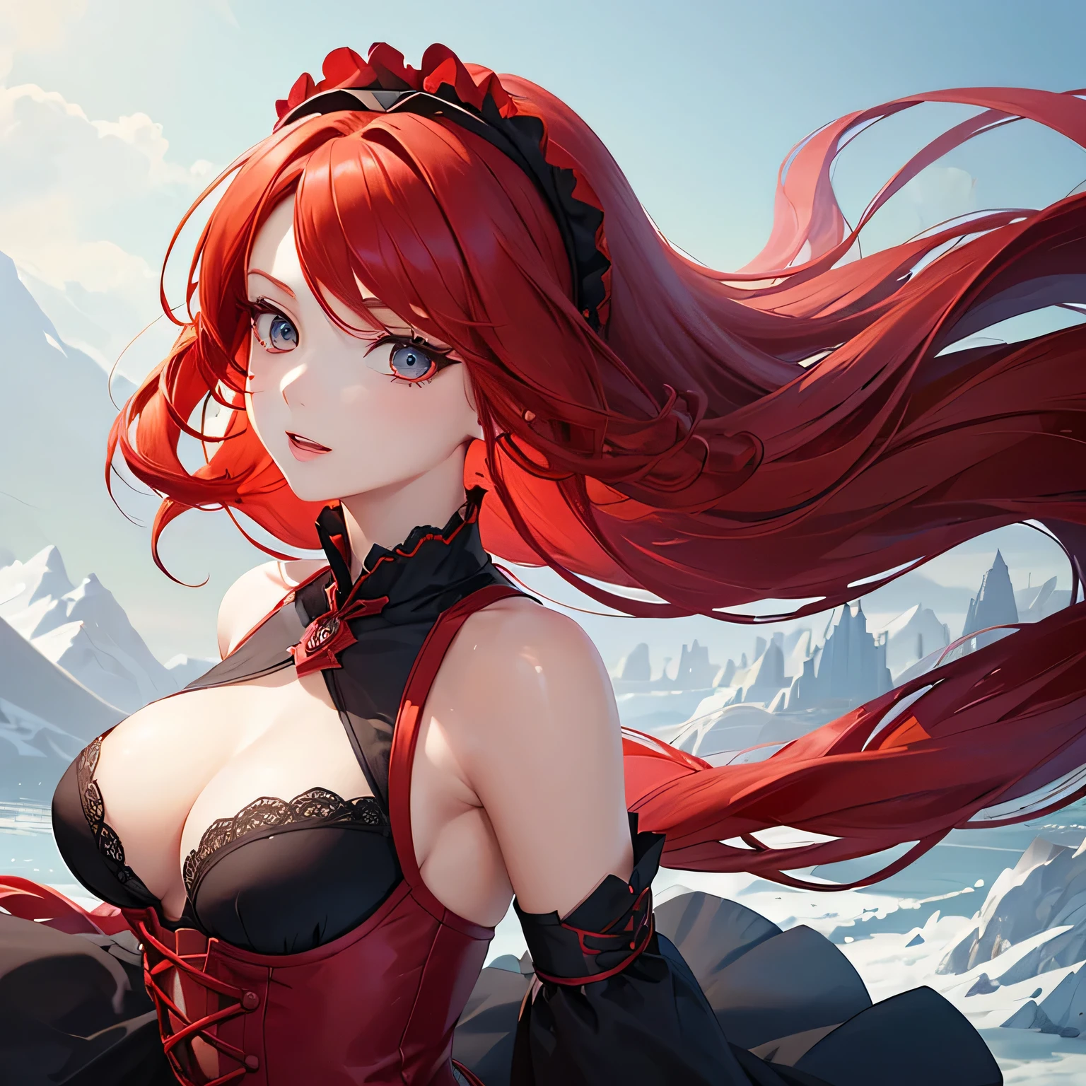 1 girl,Depp's Sense,confused,catch light,Super beautiful illustration,(redhead,long hairstyles:1.6),turn around,eye shadow,(Red clothes,Gothic ta),Upper body,;d,beautiful and delicate flowing hair,delicate and detailed blue eyes,emphasized chest,big breasts