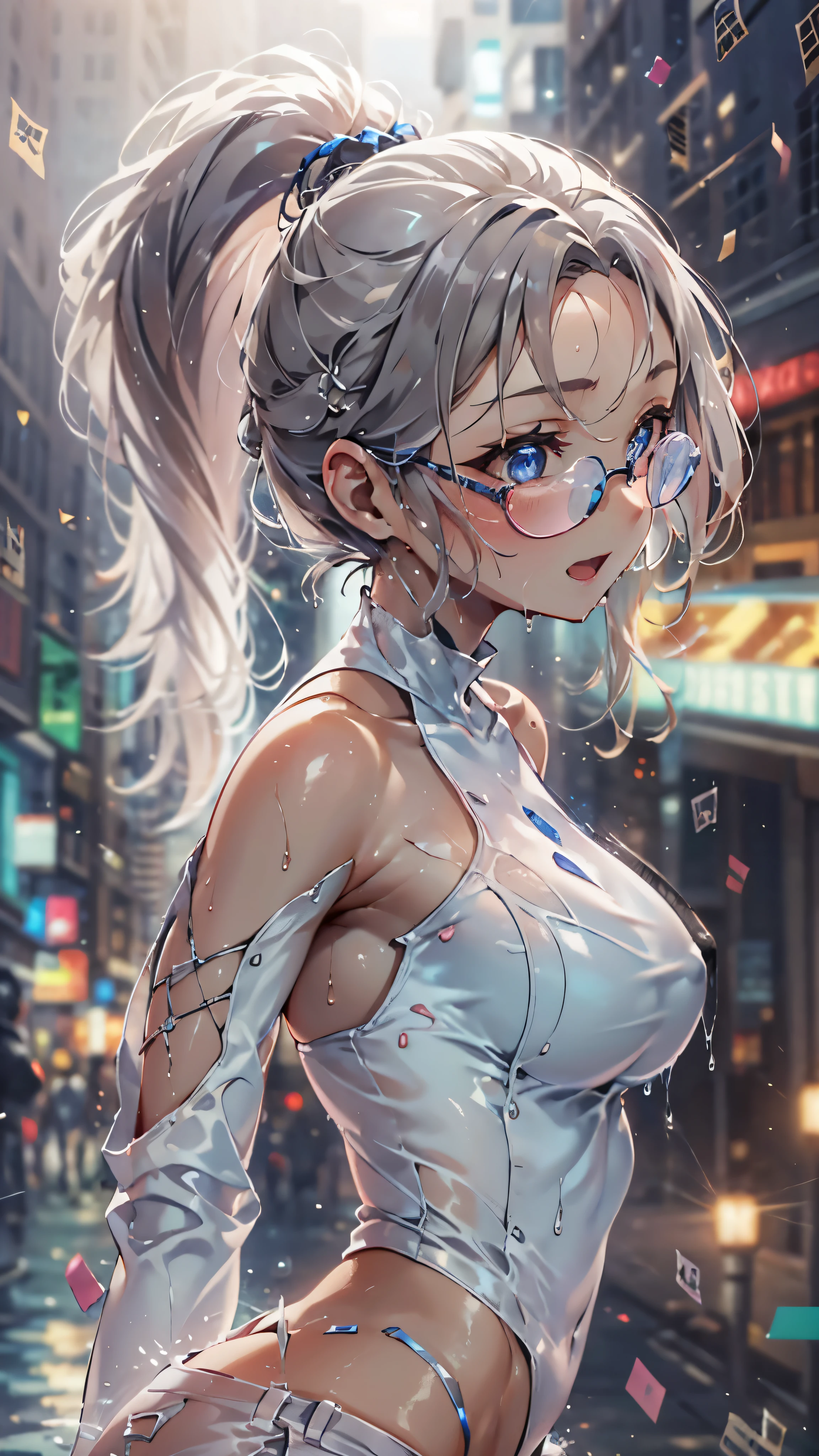 woman,,,city,night,(((white tight miniskirt bodysuit))),(wet with sweat),open mouth smile((See-through))Glasses,((Beautiful long ponytail)),((baby girl bo)