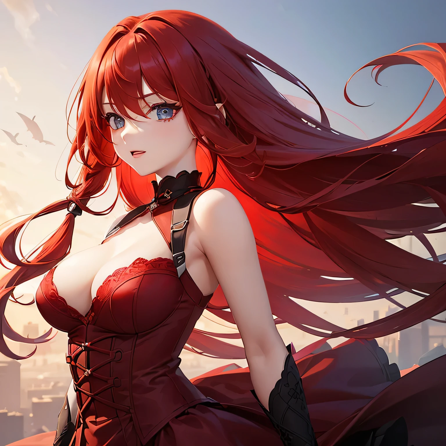 1 girl,Depp's Sense,confused,catch light,Super beautiful illustration,(redhead,long hairstyles:1.6),turn around,eye shadow,(Red clothes,Gothic ta),Upper body,;d,beautiful and delicate flowing hair,delicate and detailed blue eyes,emphasized chest,big breasts