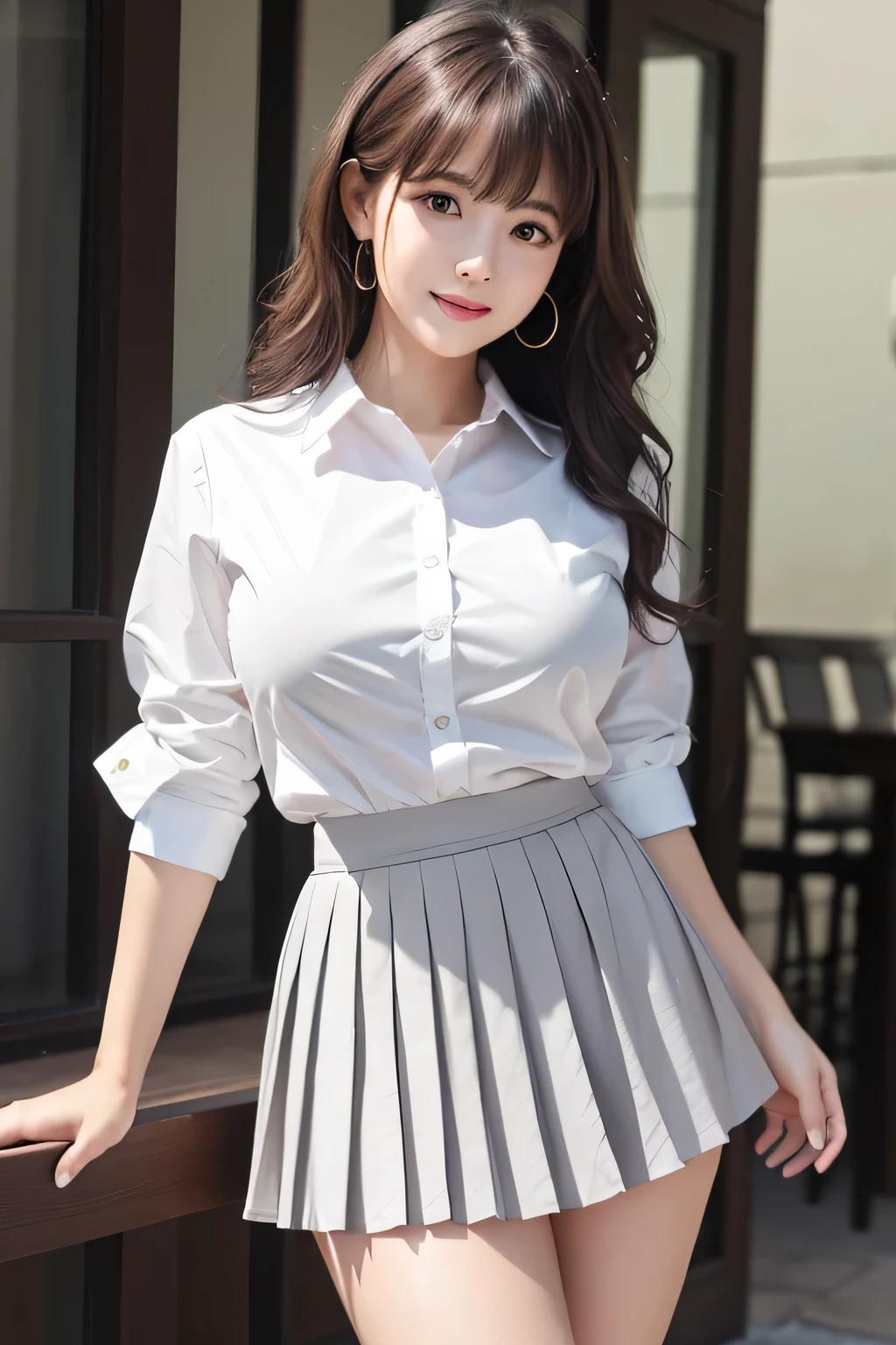 8K, highest quality, real image, intricate details, Super detailed, ultra high resolution, depth field,(realistic,realistic:1.2), frontal shot , From the middle , 1 girl, very beautiful 17 year old girl, Big eyes、beautiful breasts:1.5、huge breasts、highly detailed eyes:1.2)、(beautiful breasts:1.1)、wavy hair、curly hair、bangs, perfect skin, Fair skin, huge hips、very thick thighs、thick legs、thin waist, thick legs、light blush, alone、 looking at the viewer, laughter、(White Y-shirt、dark grey pleated skirt)、department store
